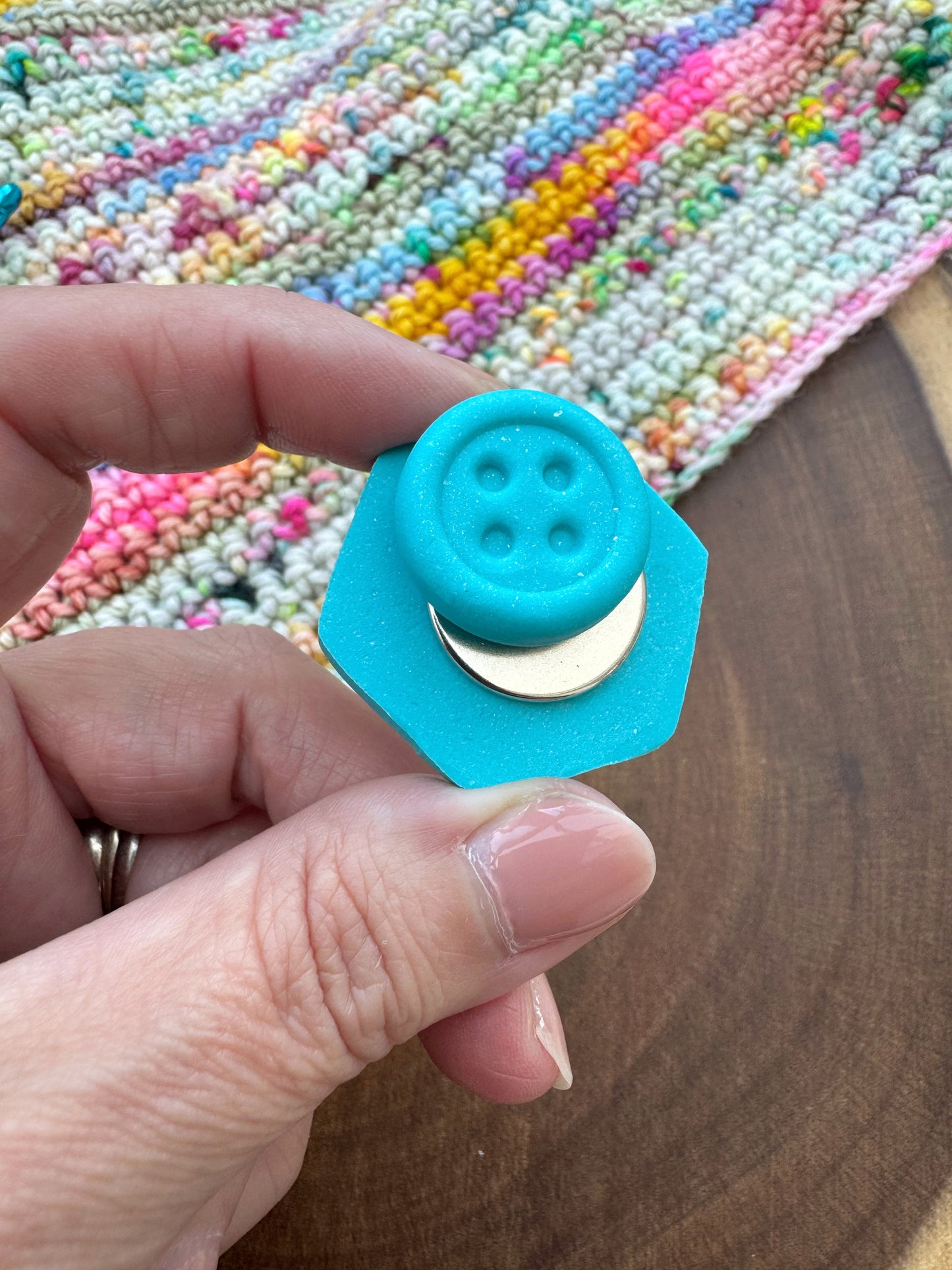 Pink and Blue Yarn Ball Needle Minder, Magnetic Needle Keeper, Hexagon Cover Minder