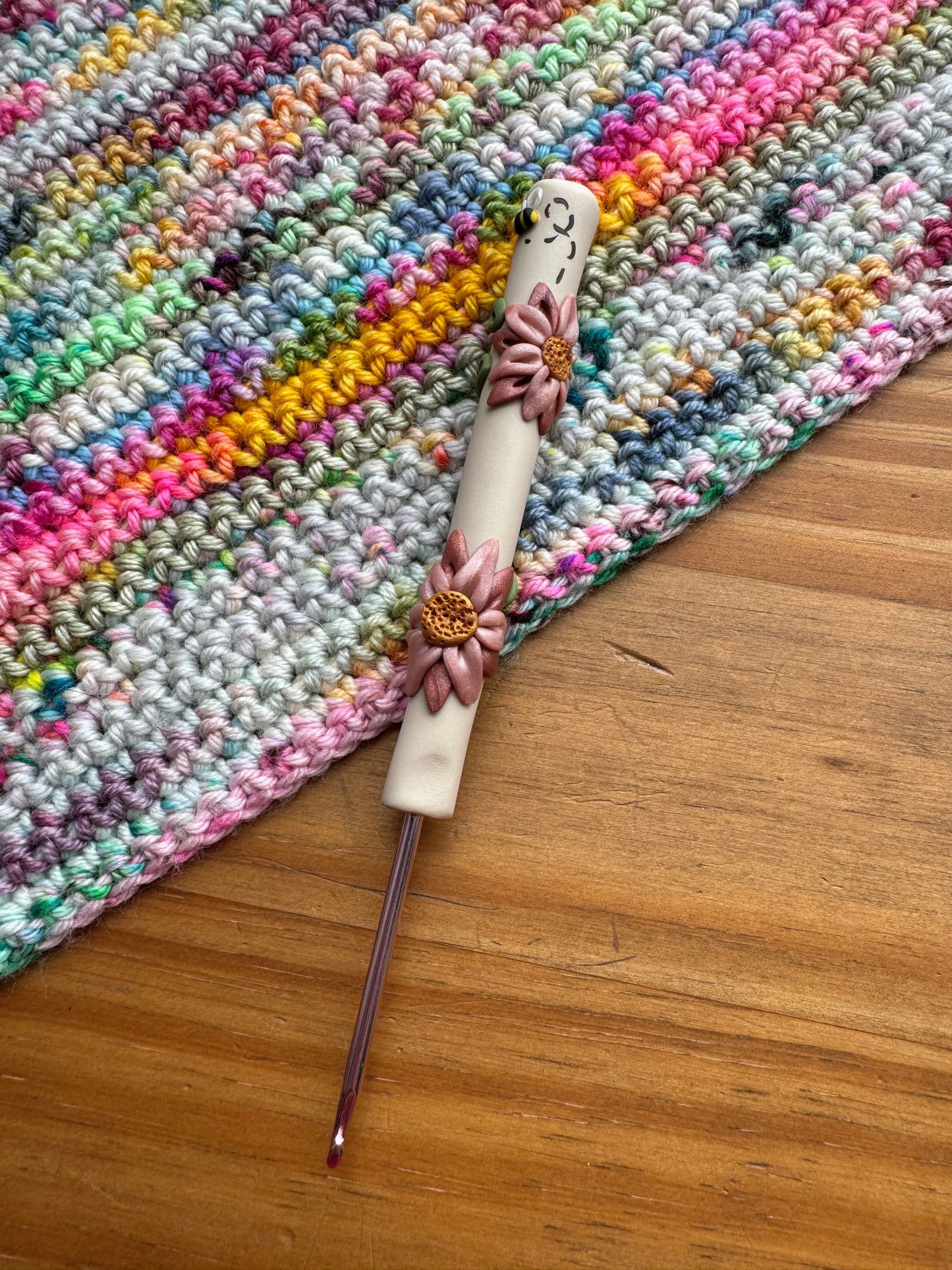 Vintage Flower Polymer Clay Crochet Hook, Handmade Clay Covered Flower Hook