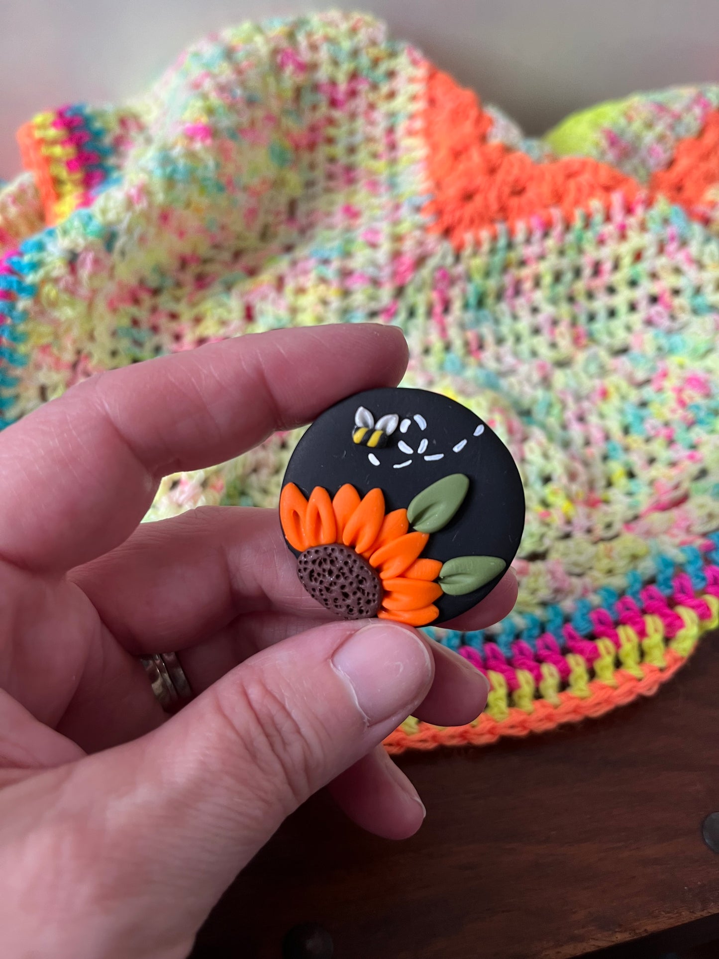 Orange Sunflower needle minder, needle keeper, magnetic needle holder, flower magnet, pin cushion, cross stitcher