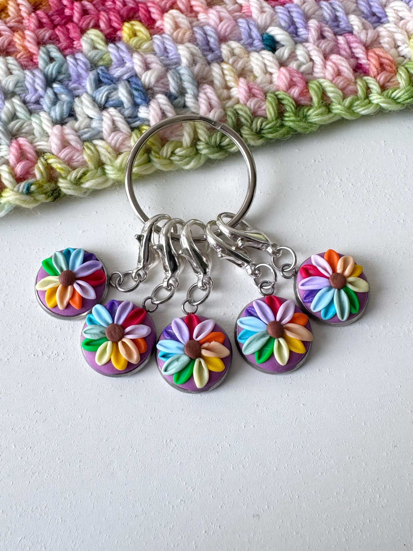 Rainbow Flower Stitch Markers, Lobster Clasp Rainbow Progress Keepers