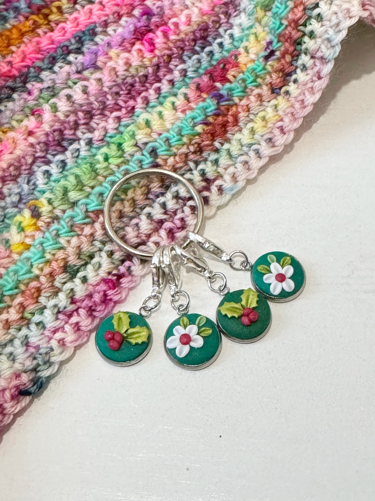 Holly and Flower Stitch Markers, Christmas Progress Keepers