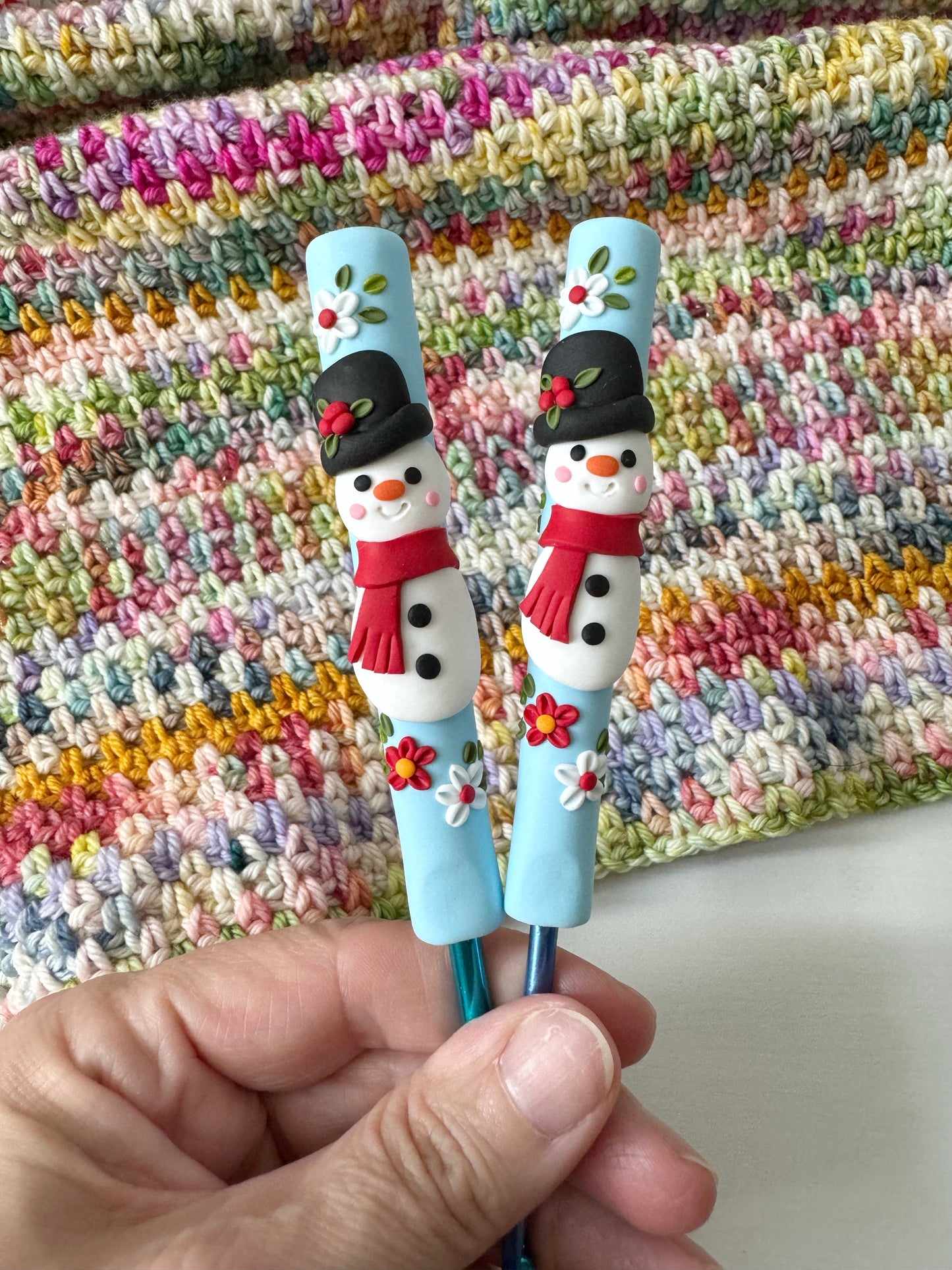 Snowman Christmas Crochet Hook, Polymer Clay Festive Crochet Hook
