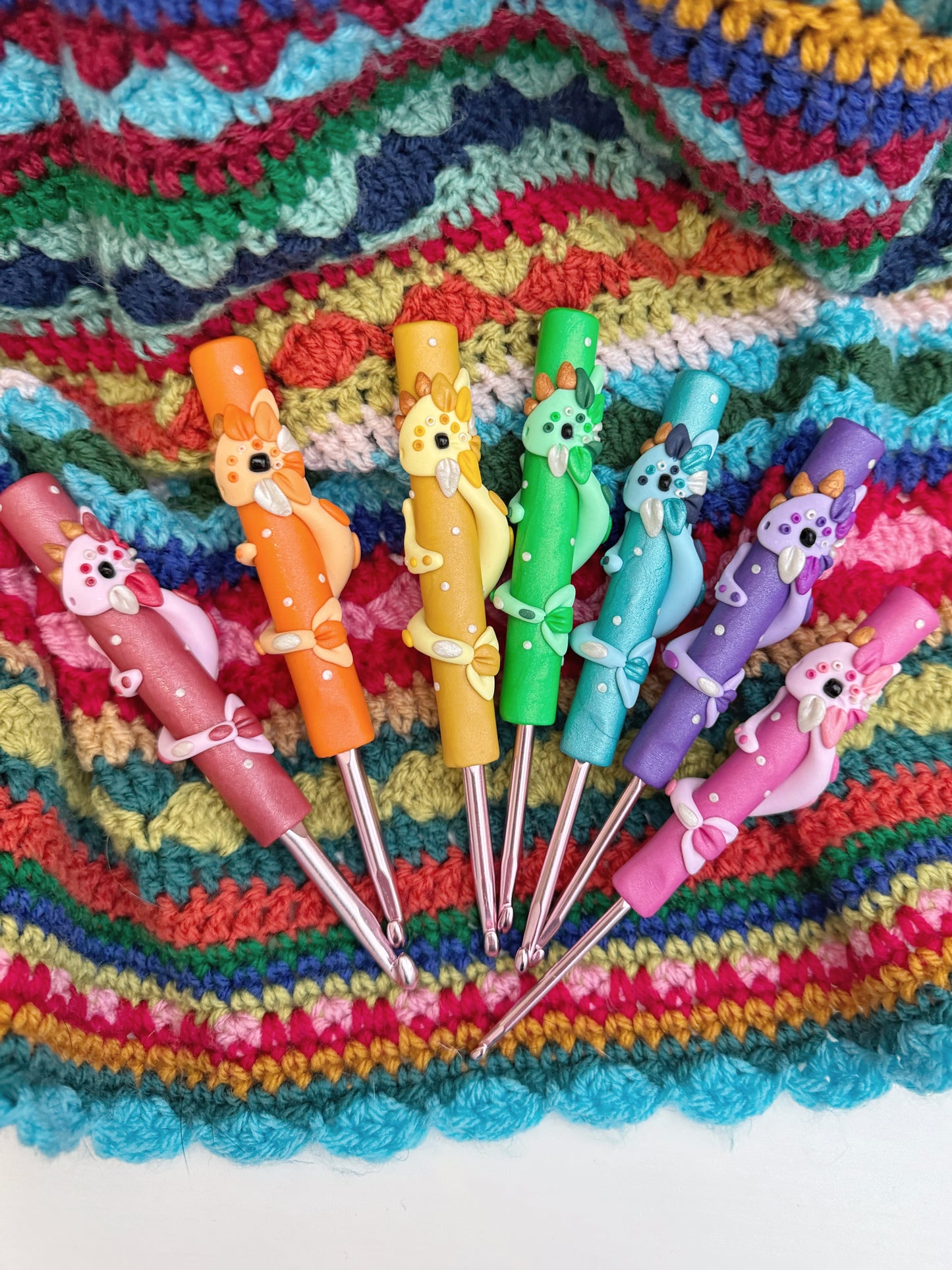 Rainbow Dragon Crochet Hook, Hand Sculpted Polymer Clay
