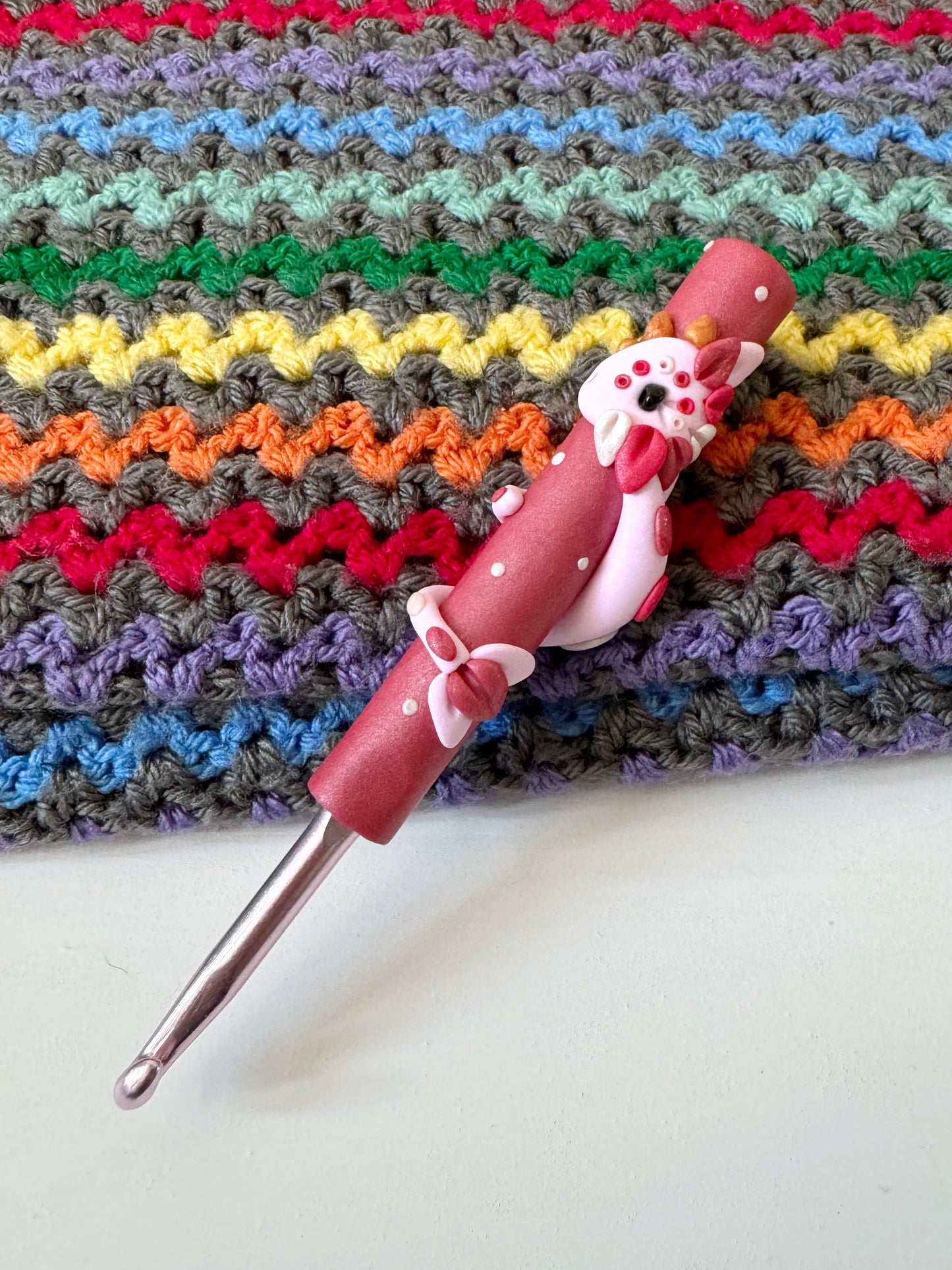 Rainbow Dragon Crochet Hook, Hand Sculpted Polymer Clay