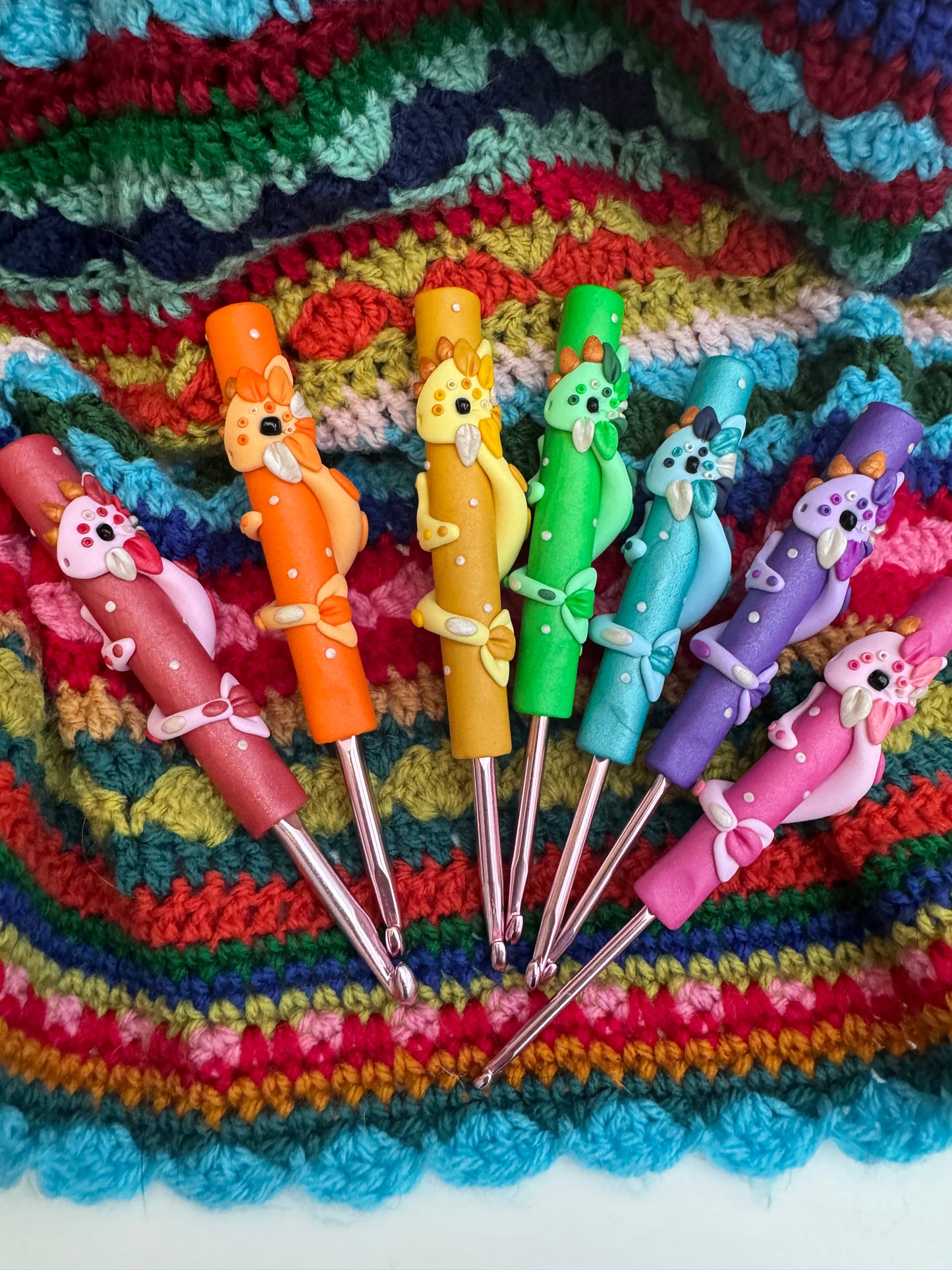 Rainbow Dragon Crochet Hook, Hand Sculpted Polymer Clay