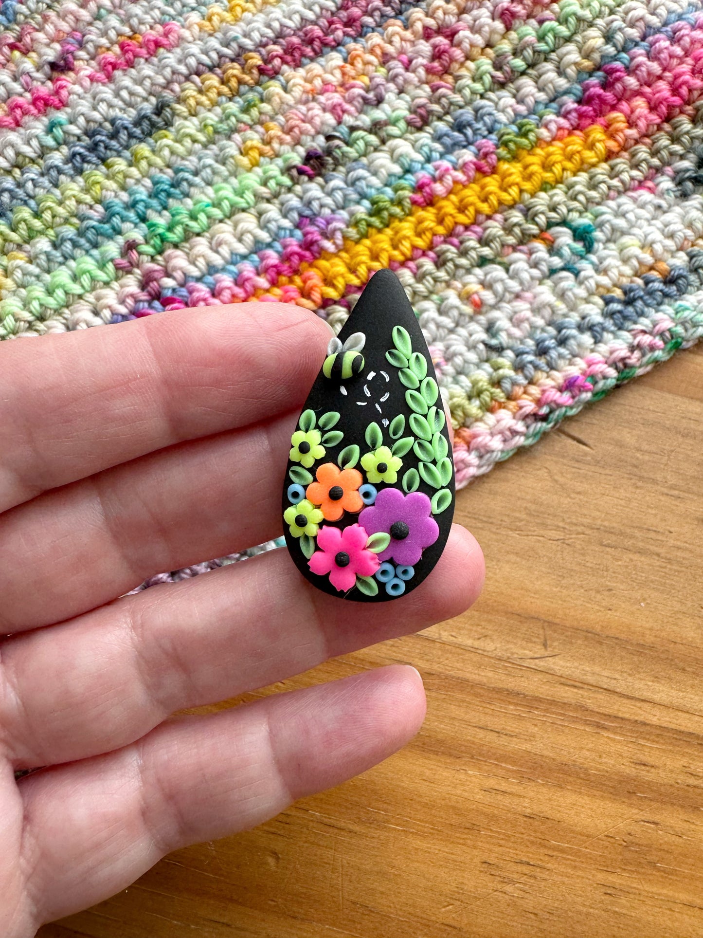 Neon Wildflower Needle Minder, Black Teardrop Cover Minder, Floral Sewing Magnet