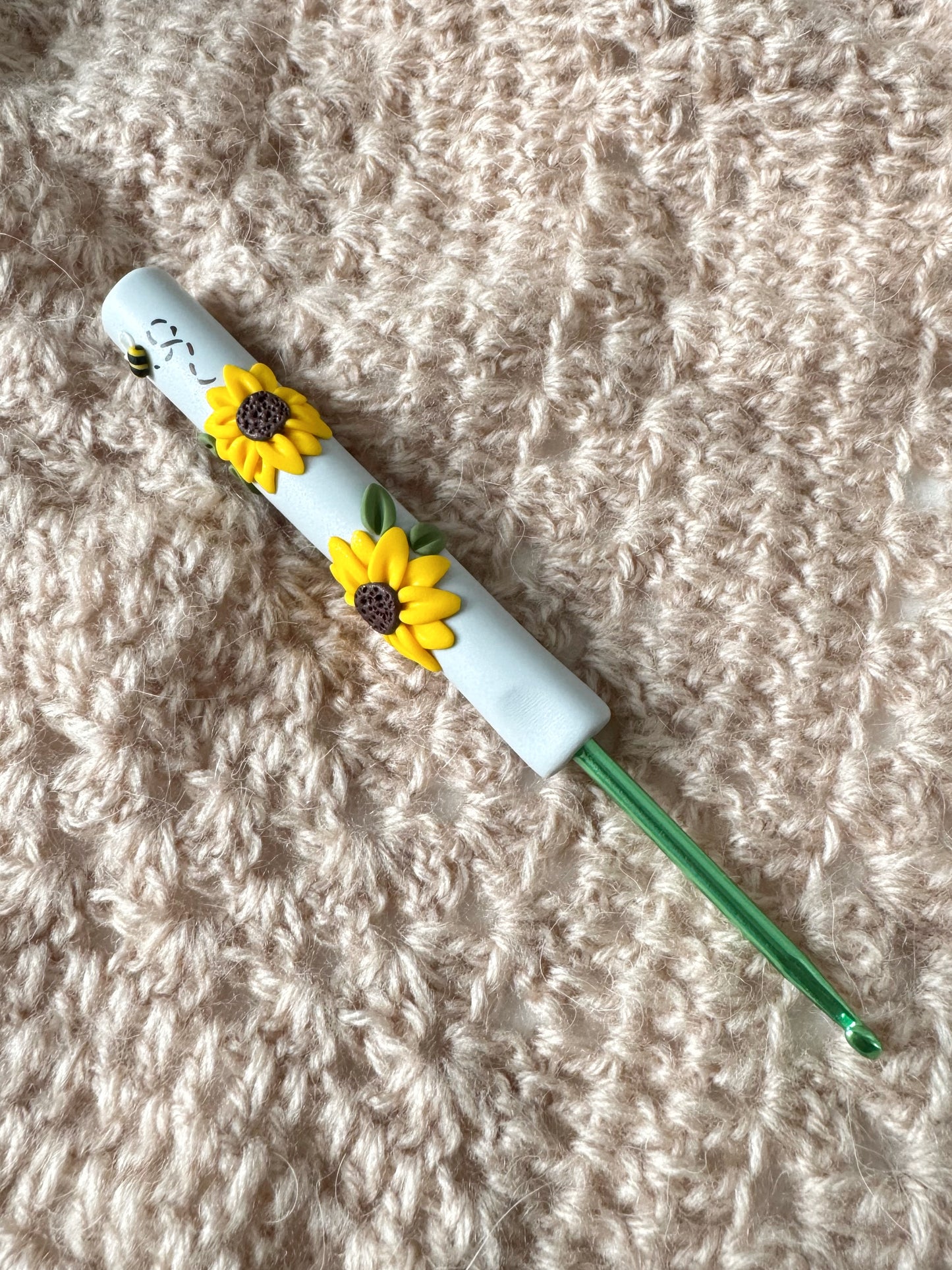 Grey Sunflower Polymer Clay Crochet Hook