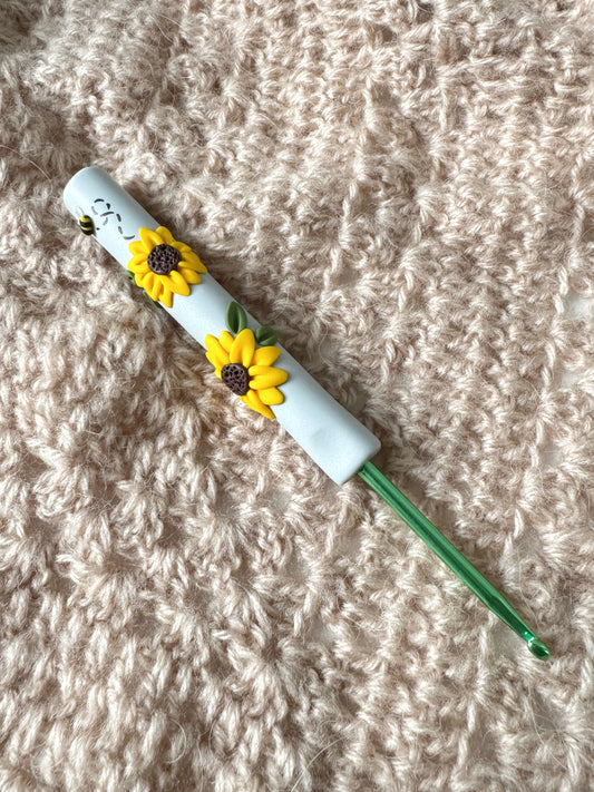 Grey Sunflower Polymer Clay Crochet Hook