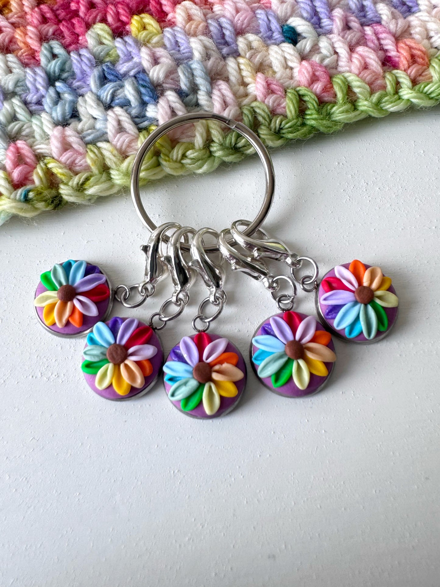 Rainbow Flower Stitch Markers, Lobster Clasp Rainbow Progress Keepers