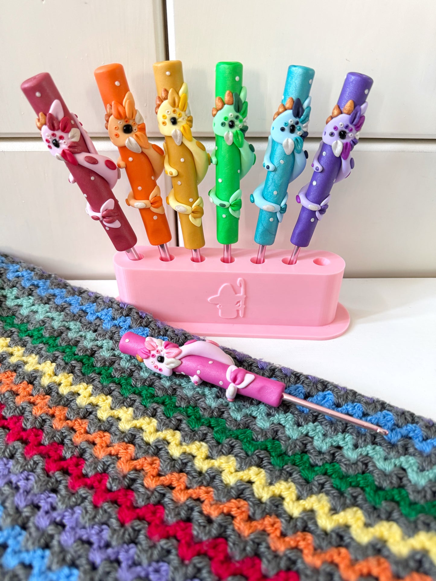 Rainbow Dragon Crochet Hook, Hand Sculpted Polymer Clay