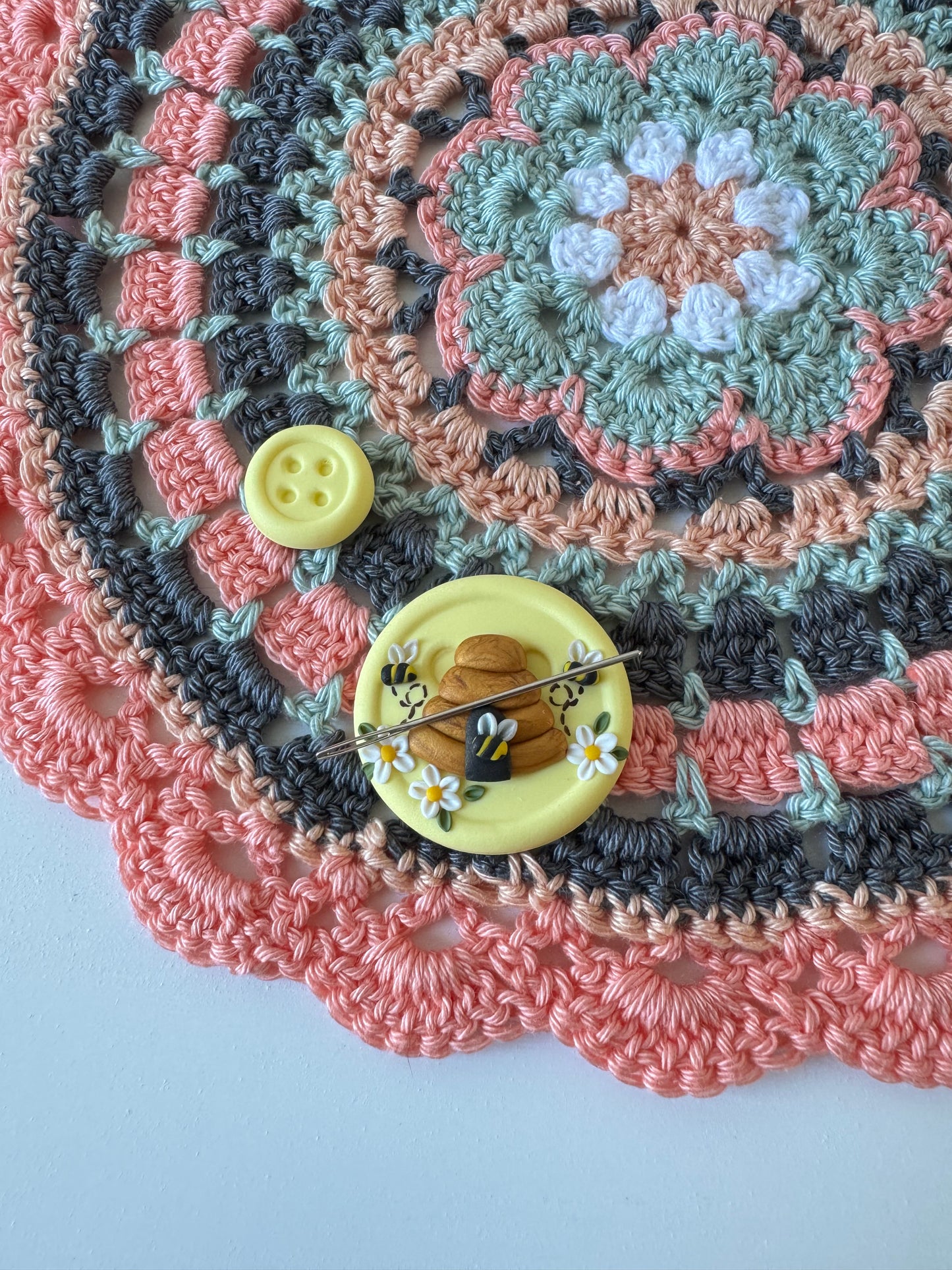 Lemon bee needle minder, beehive needle nanny, pin cushion, cross stitch, fridge magnet, bees and beehive, crochet tools