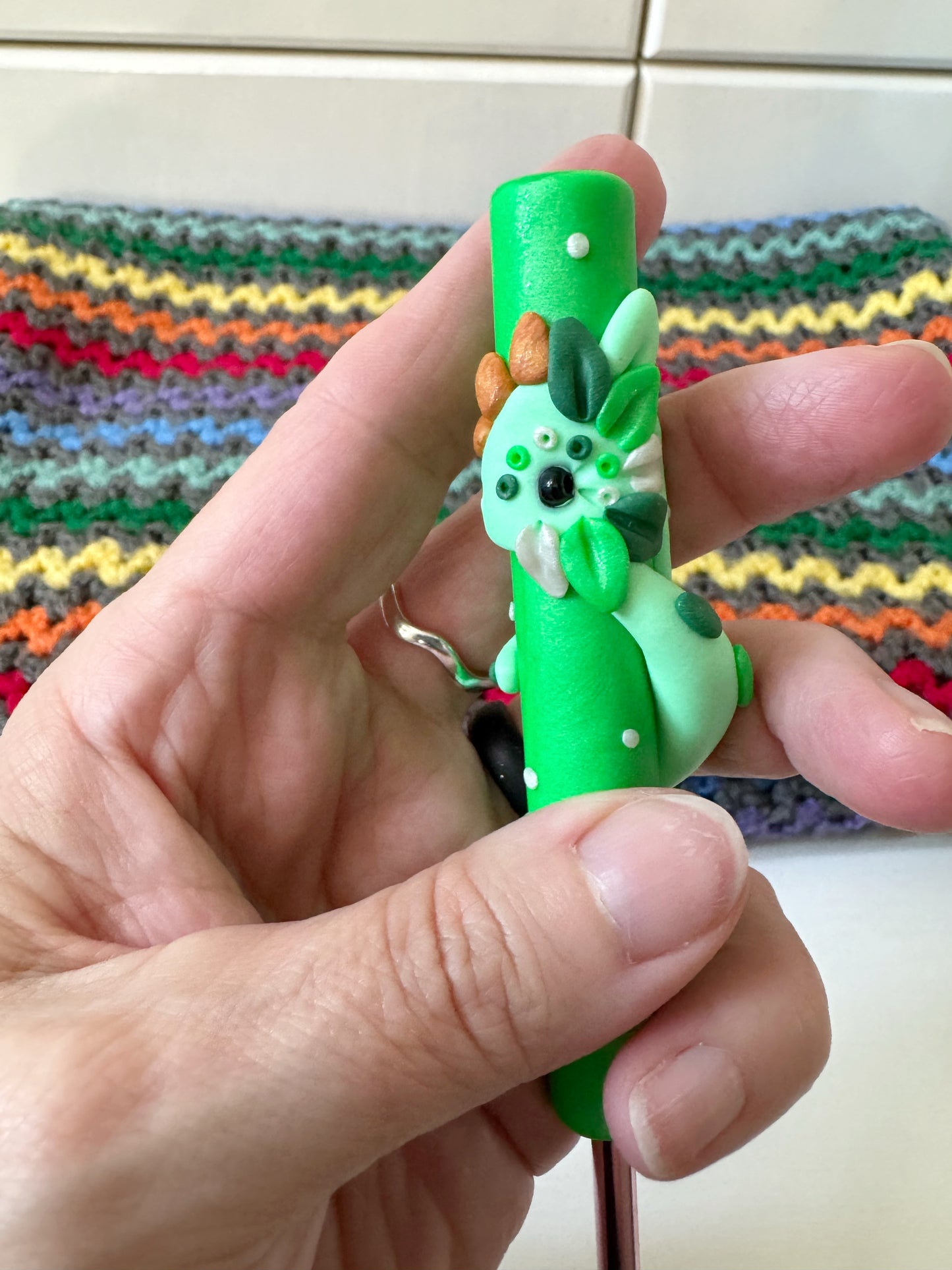 Rainbow Dragon Crochet Hook, Hand Sculpted Polymer Clay