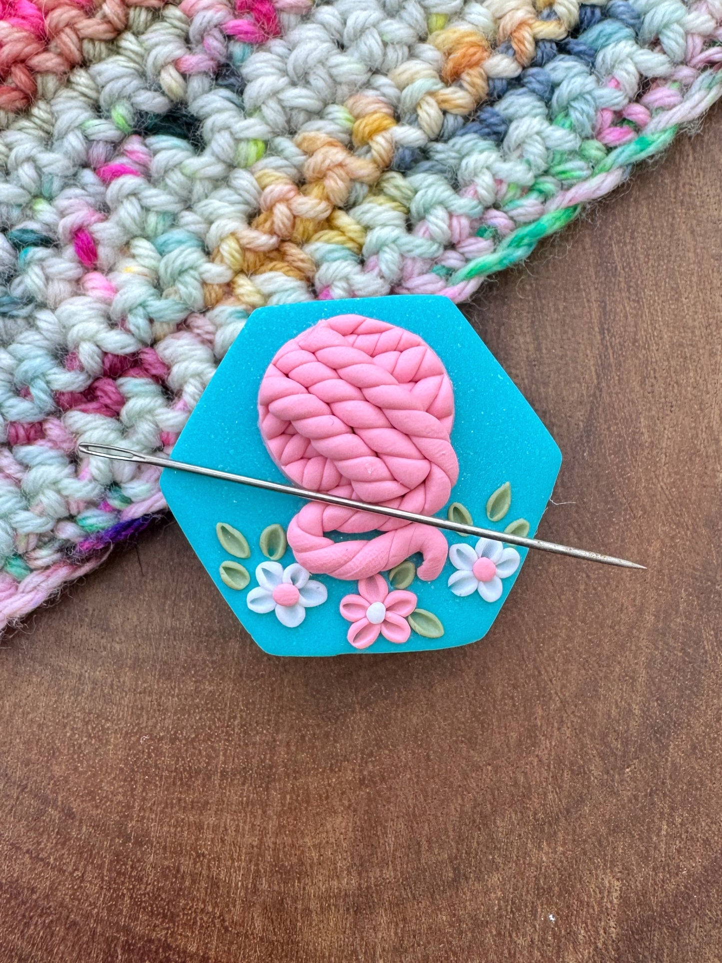 Pink and Blue Yarn Ball Needle Minder, Magnetic Needle Keeper, Hexagon Cover Minder