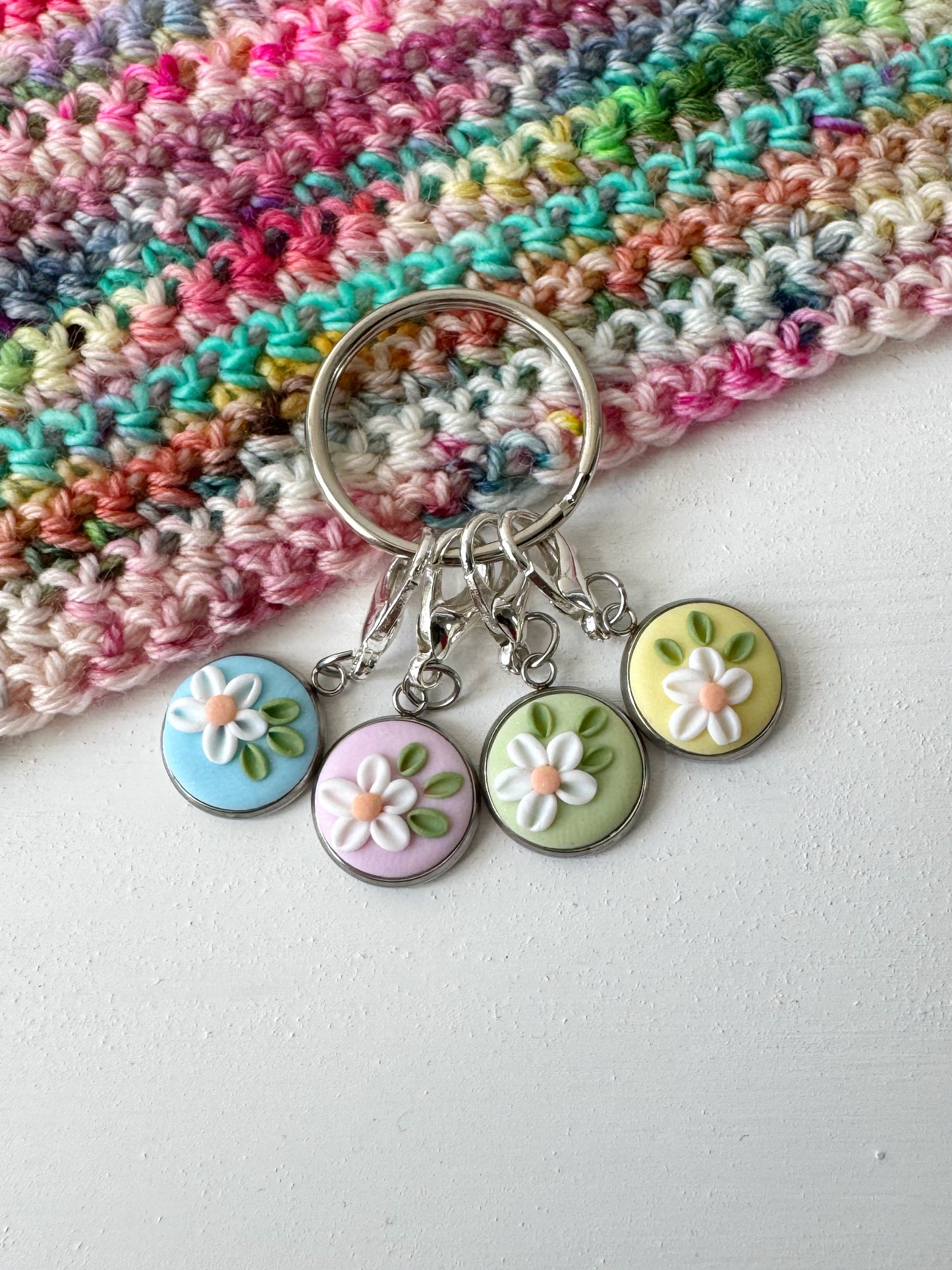 Pastel Rainbow Flower Stitch Markers, Polymer Clay Floral Progress Keeper Set