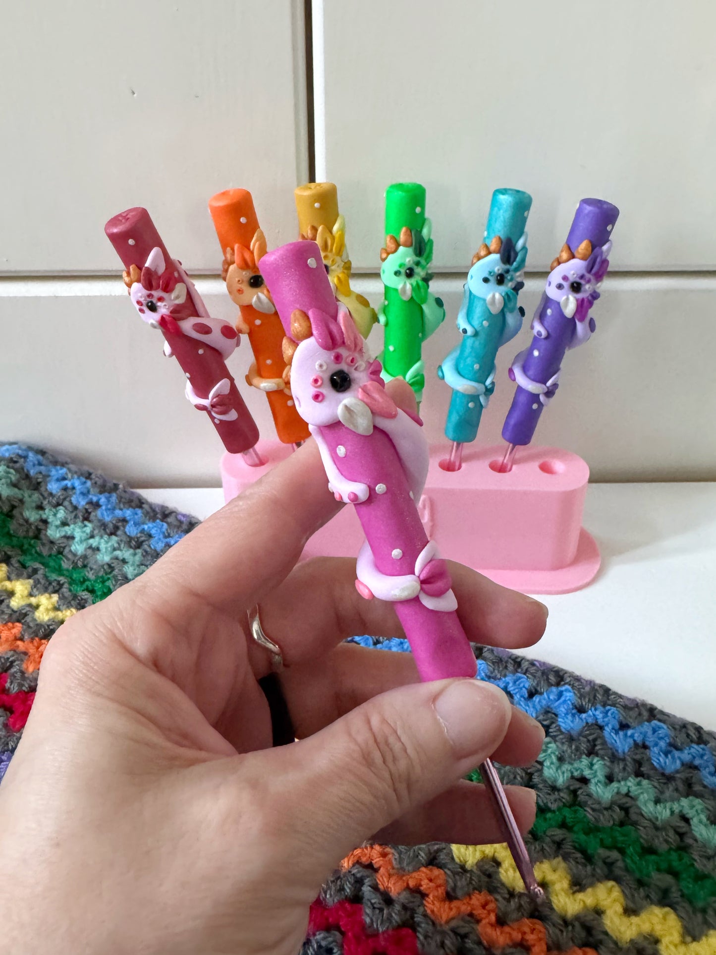 Rainbow Dragon Crochet Hook, Hand Sculpted Polymer Clay