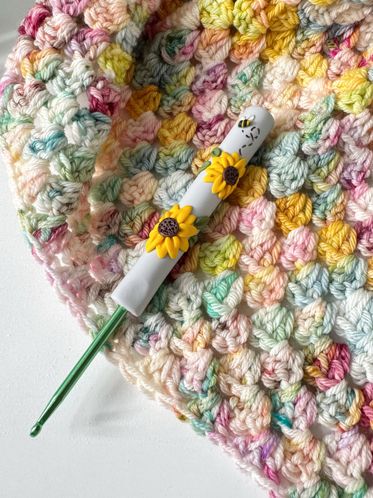 Grey Sunflower Polymer Clay Crochet Hook