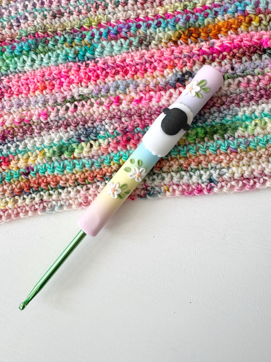 Ombré Rainbow Sheep Crochet Hook, Polymer Clay Animal Crochet Hook