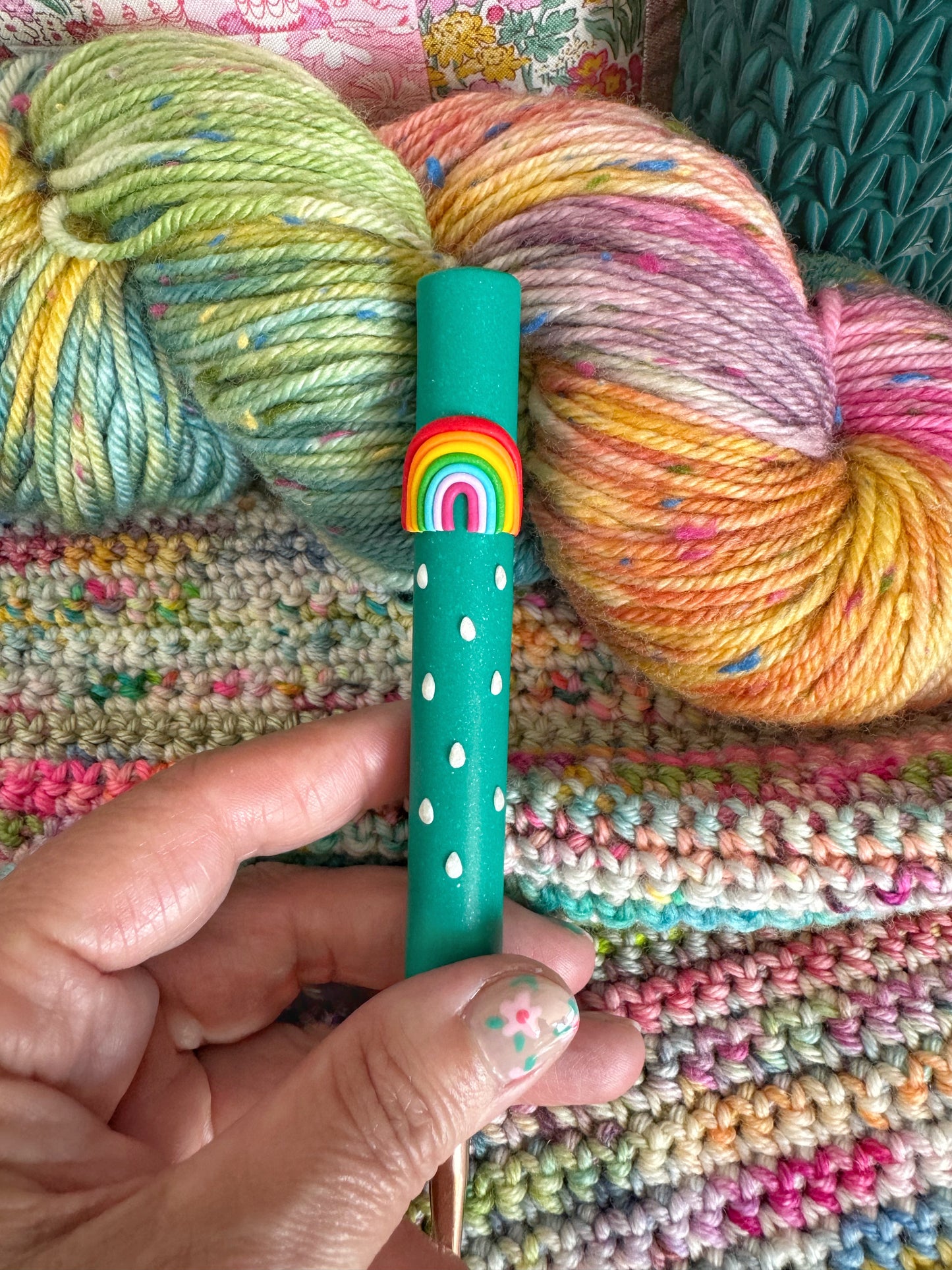 Jade Rainbow Crochet Hook, Raindrops Polymer Clay Crochet Hook