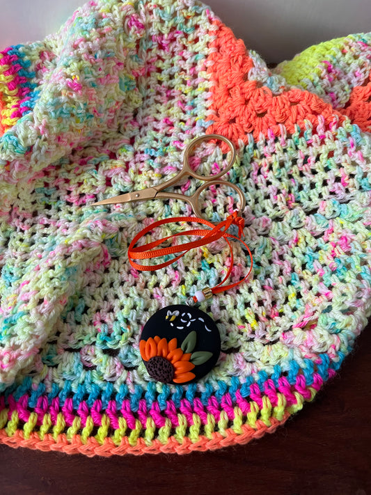 Orange Sunflower scissor fob, scissor keeper, crochet tools, gift for a stitcher, cross stitch accessories