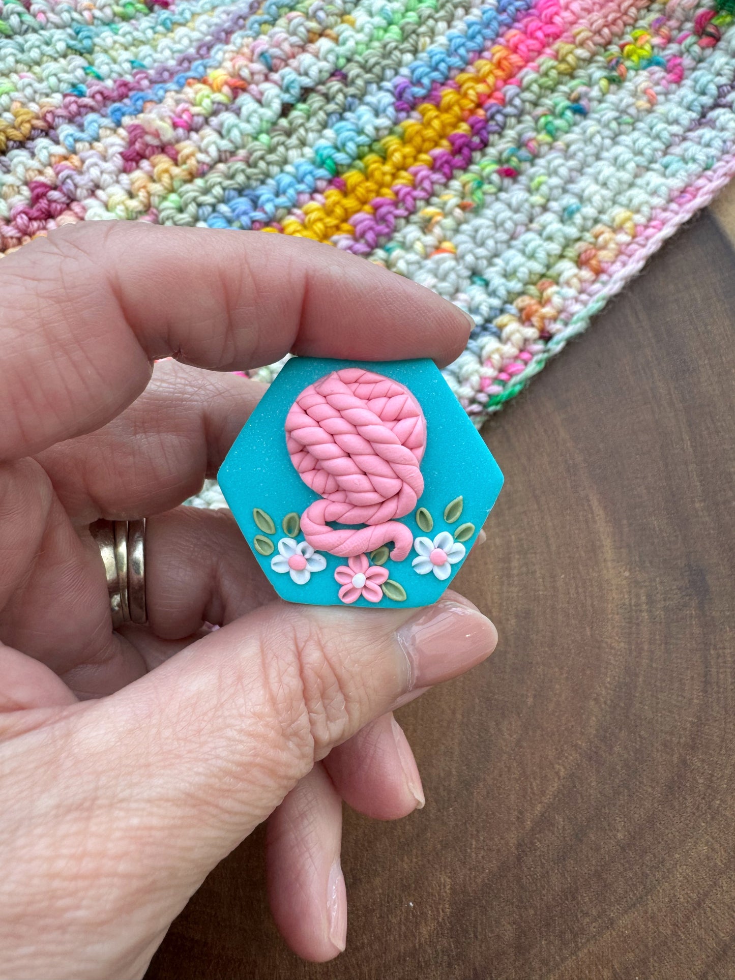 Pink and Blue Yarn Ball Needle Minder, Magnetic Needle Keeper, Hexagon Cover Minder