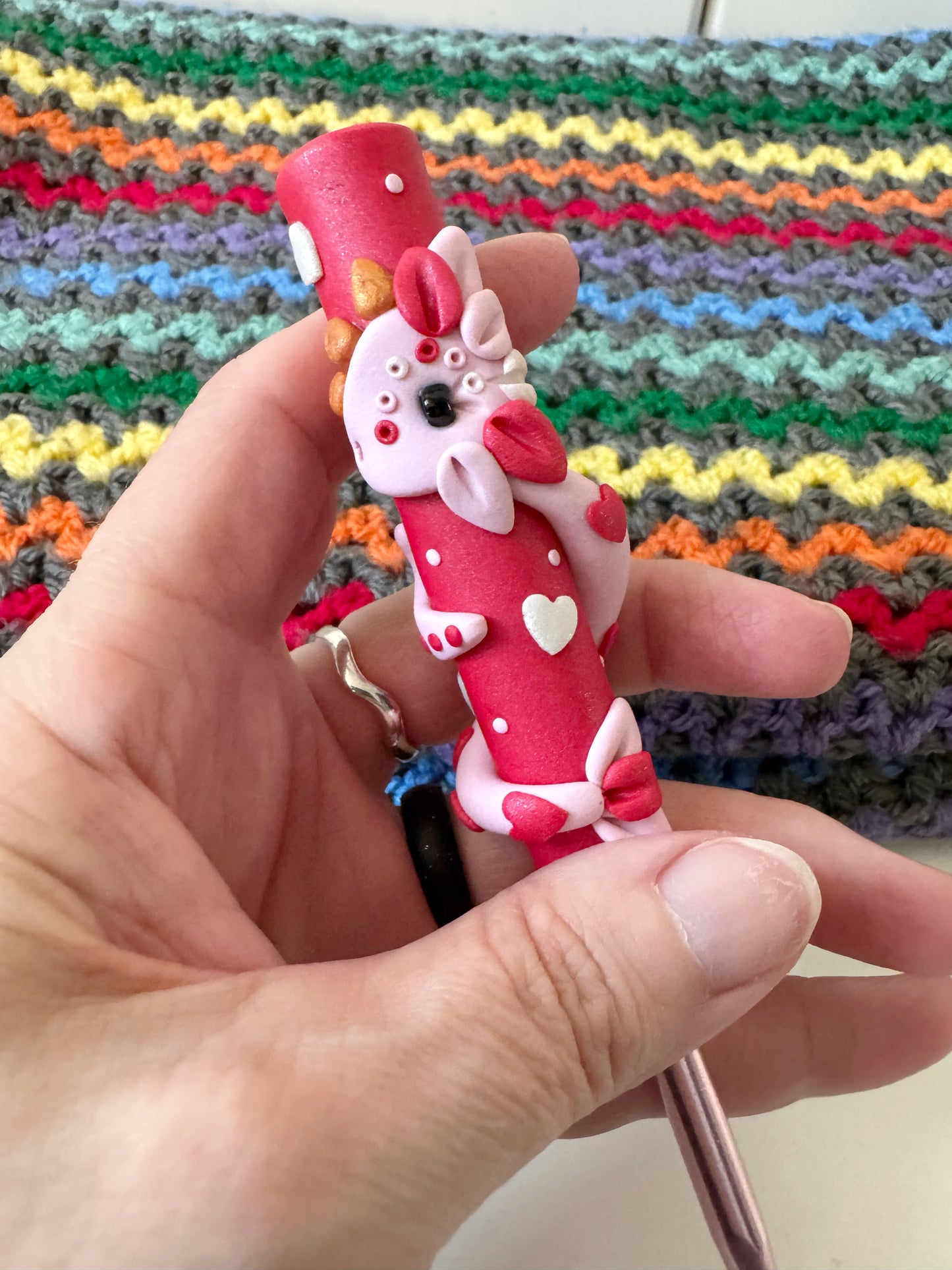 Heart Dragon Crochet Hook, Hand Sculpted Polymer Clay Valentine’s Crochet Hook
