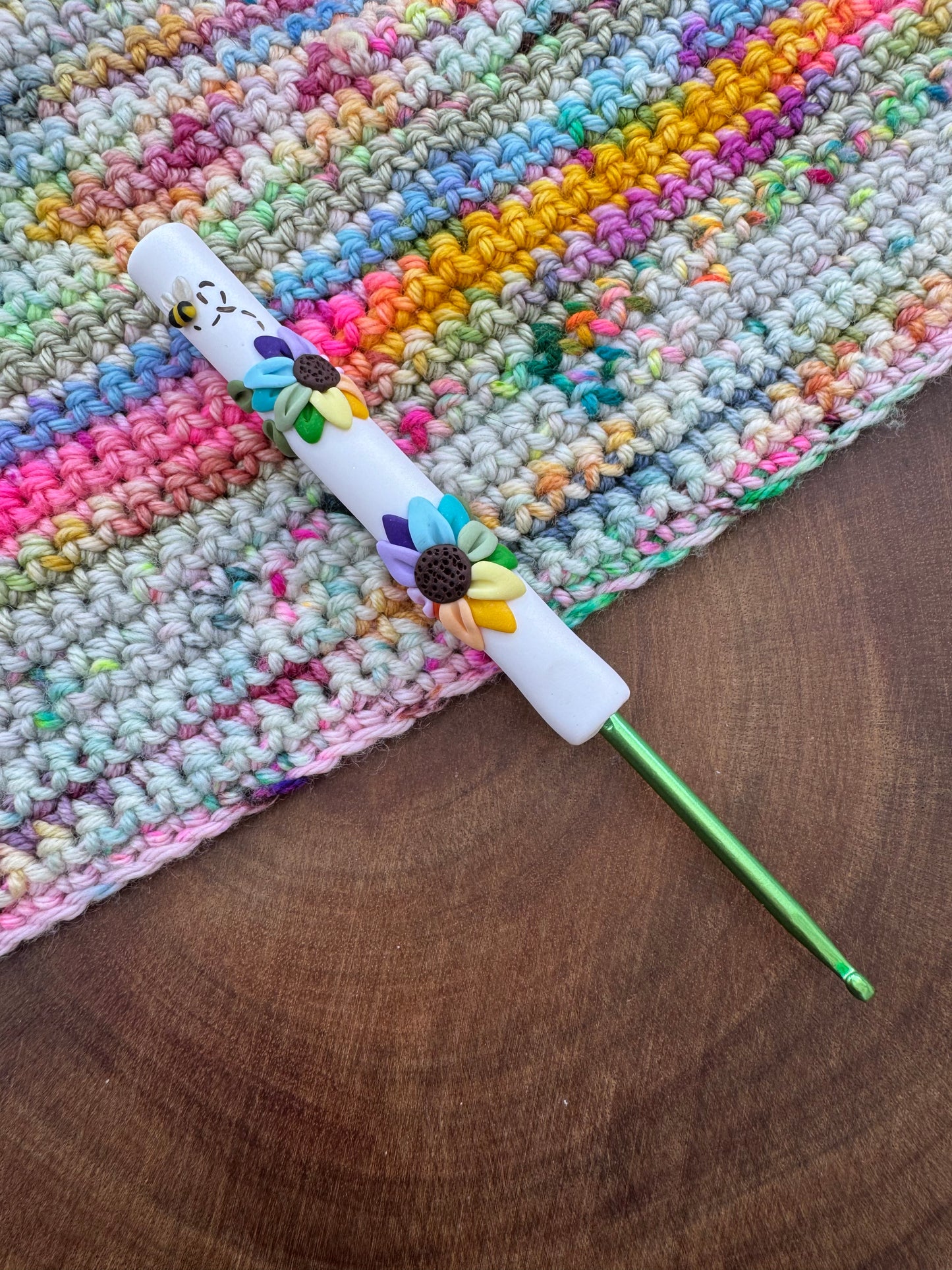 Rainbow flower polymer clay crochet hook