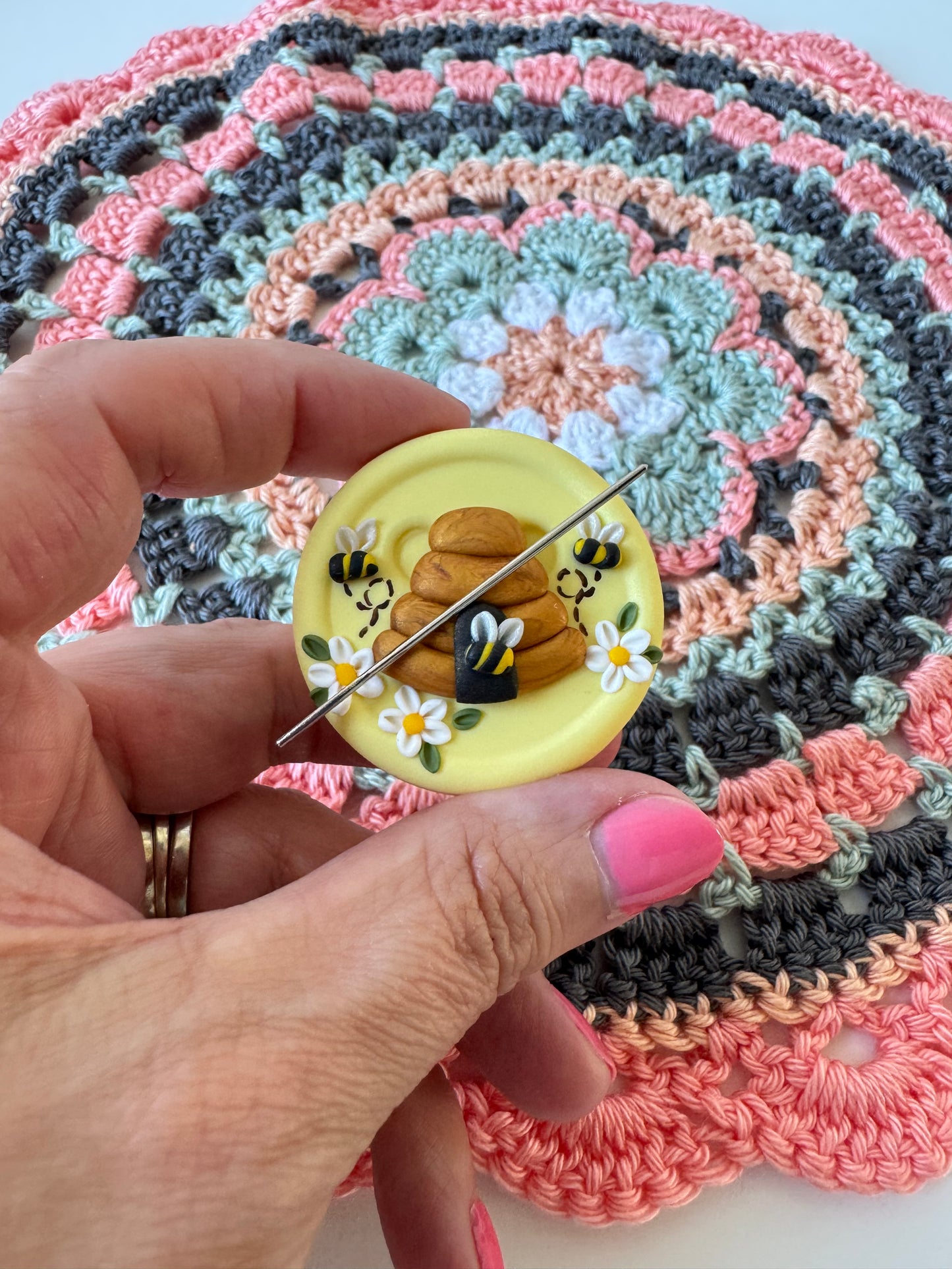 Lemon bee needle minder, beehive needle nanny, pin cushion, cross stitch, fridge magnet, bees and beehive, crochet tools