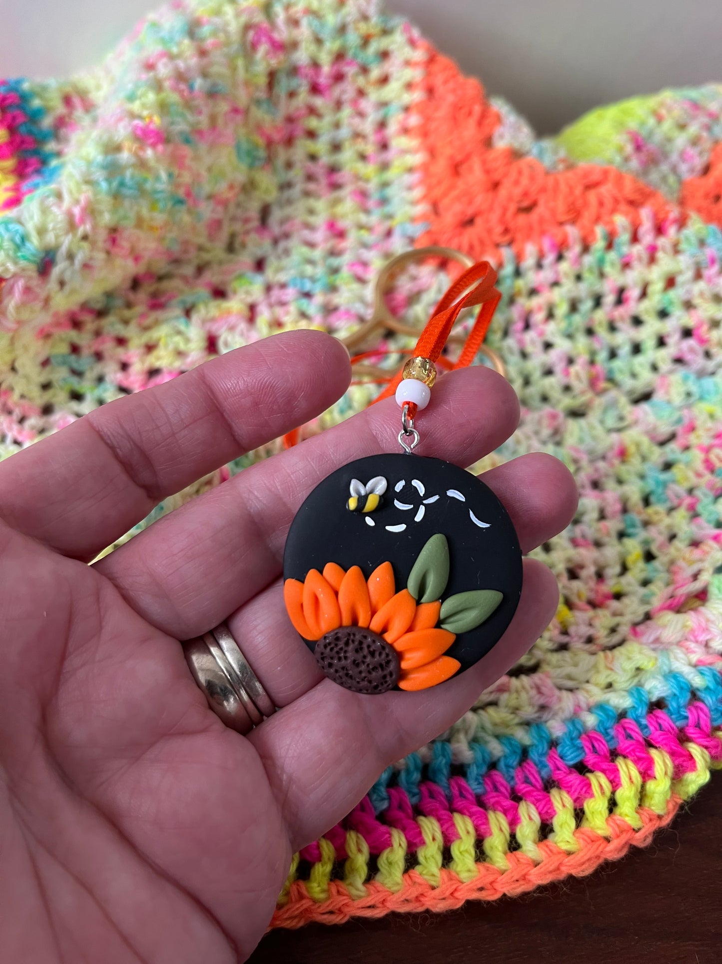 Orange Sunflower scissor fob, scissor keeper, crochet tools, gift for a stitcher, cross stitch accessories