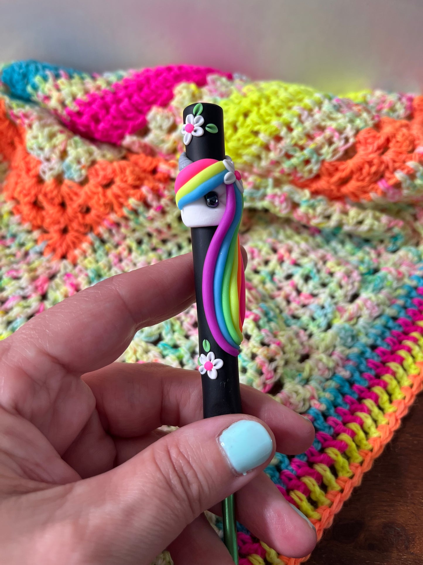 Neon unicorn polymer clay crochet hook, bright crochet accessories, mythical creature crochet
