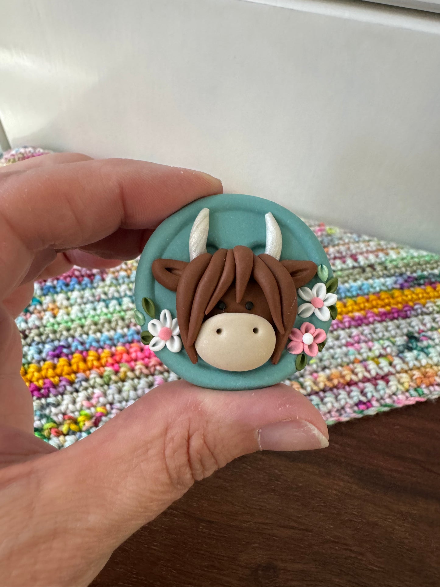 Sea Green Highland Cow Magnetic Needle Minder, Cross Stitch Magnets