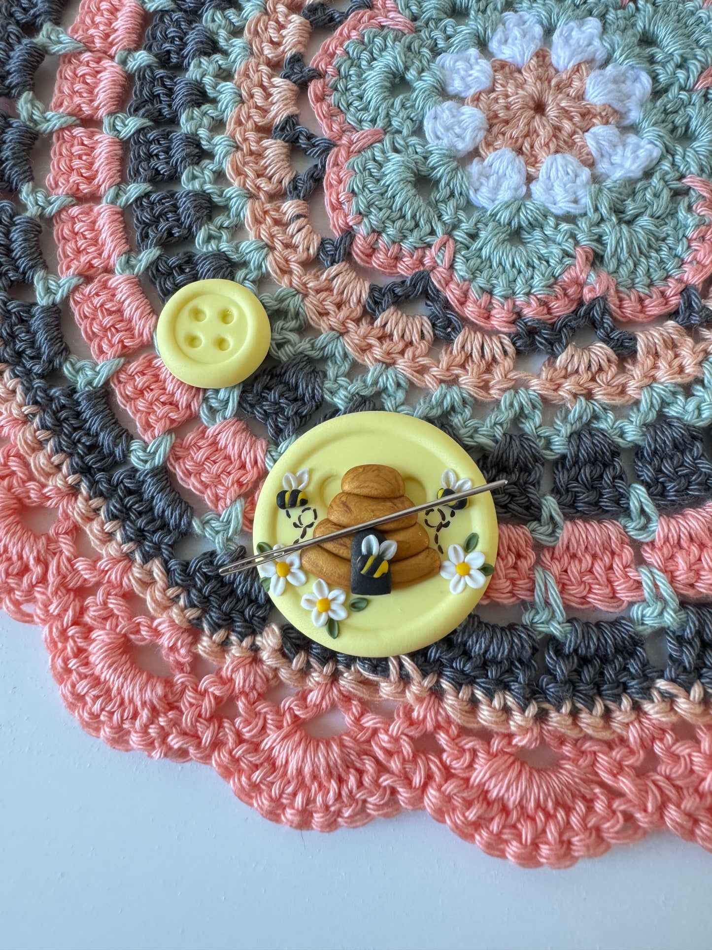 Lemon bee needle minder, beehive needle nanny, pin cushion, cross stitch, fridge magnet, bees and beehive, crochet tools