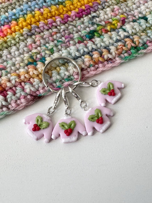 Pink Christmas Jumper Stitch Markers, Festive Progress Keepers