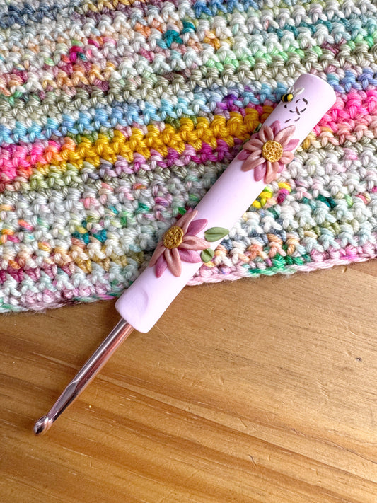 Vintage Flower Polymer Clay Crochet Hook, Handmade Clay Covered Flower Hook