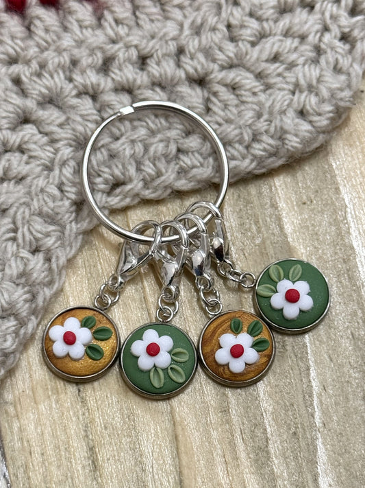 Gold and Green Flower Progress Keepers, Stitch Markers for Knitting and Crochet