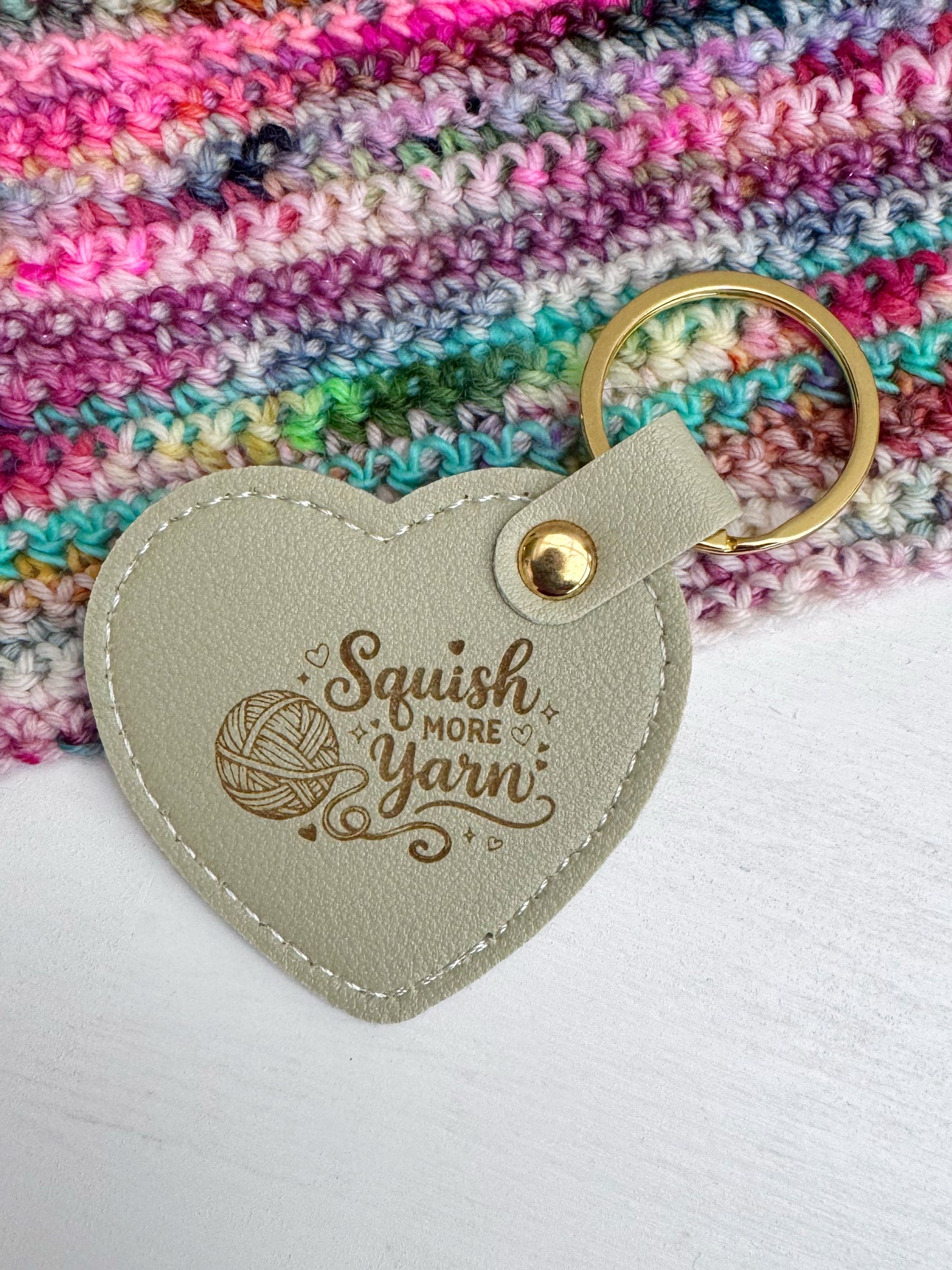 Pastel Faux Leather Heart Keyring – Yarn Lover Gift, Squish More Yarn
