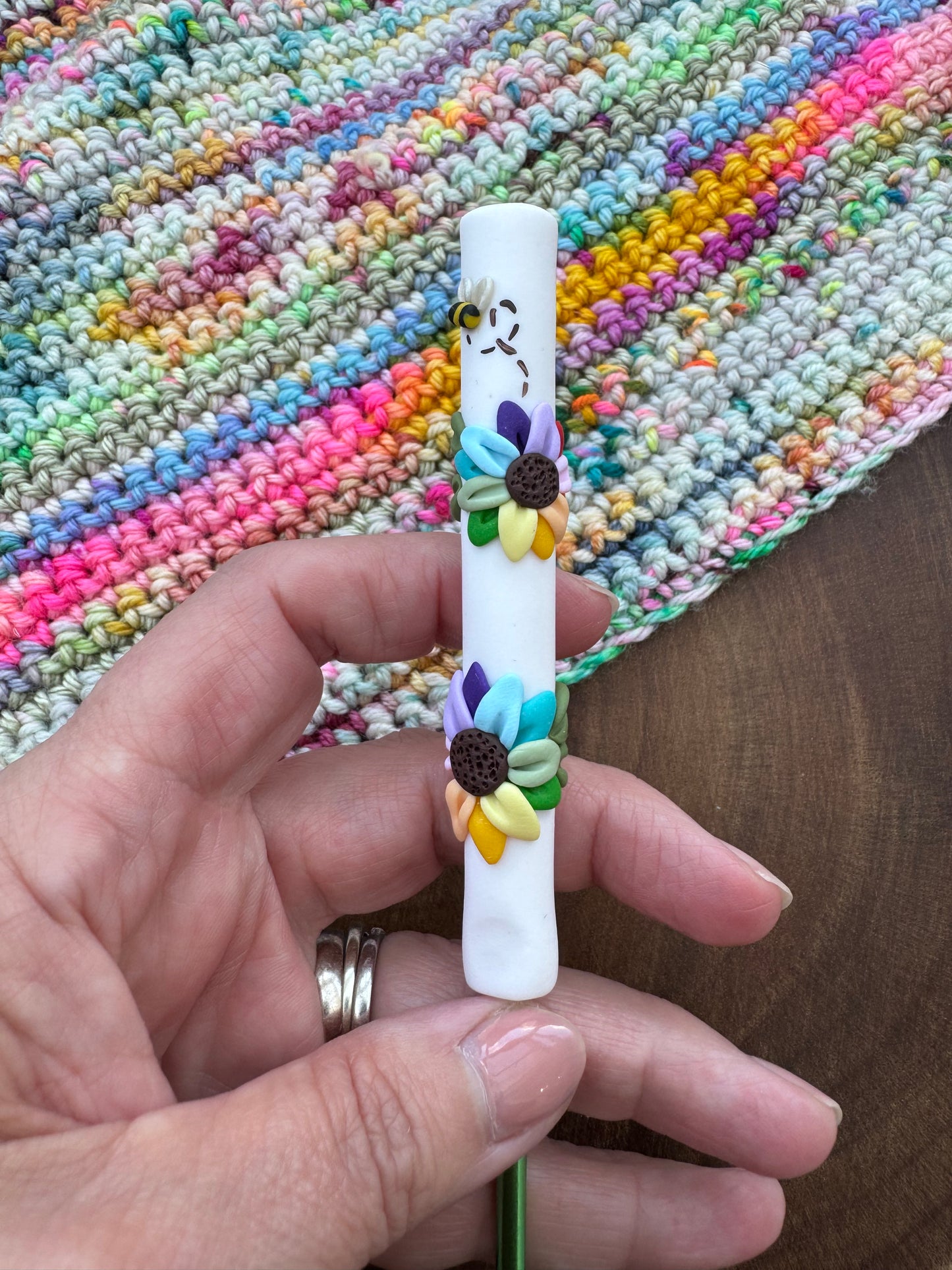 Rainbow flower polymer clay crochet hook