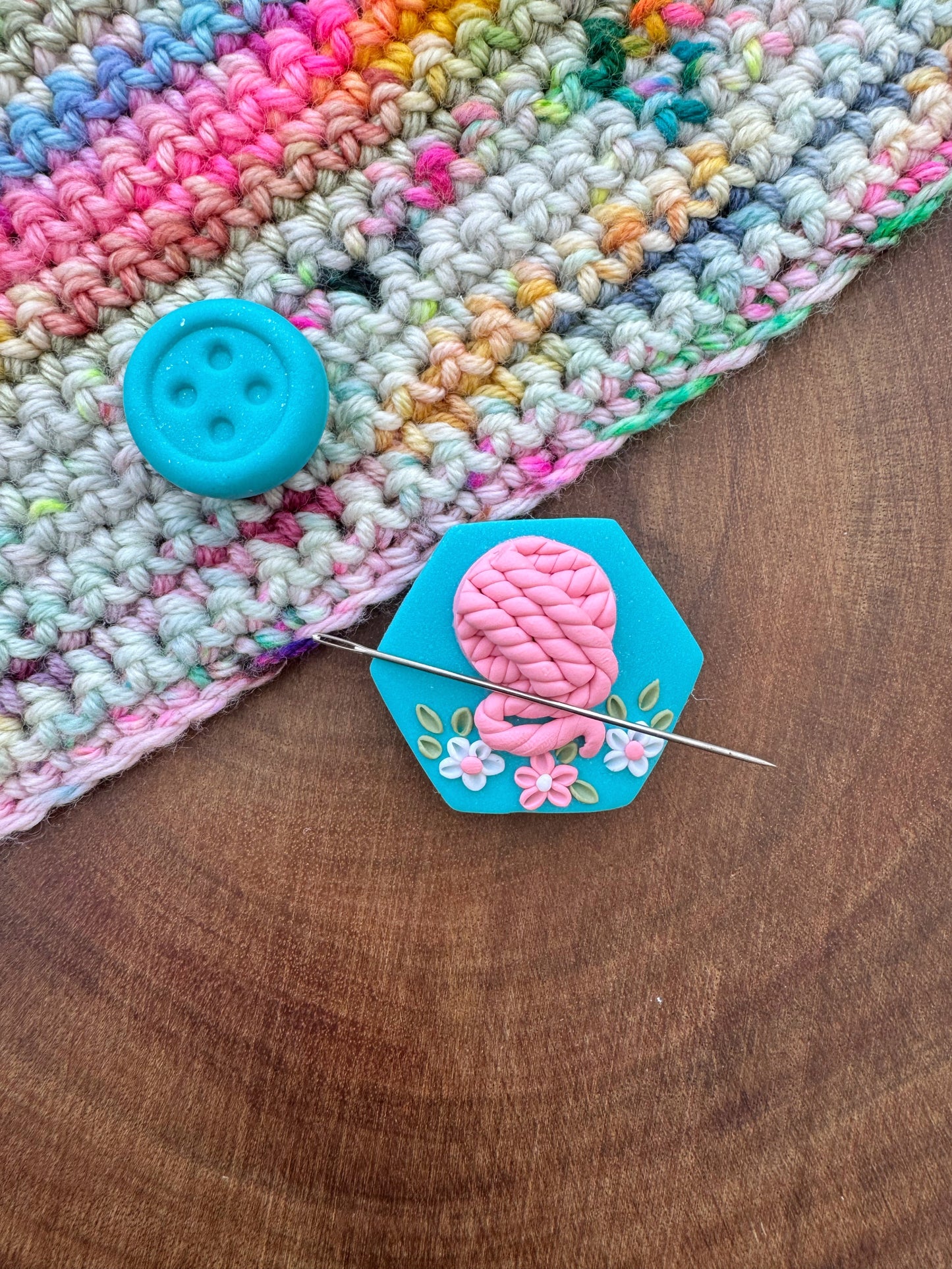 Pink and Blue Yarn Ball Needle Minder, Magnetic Needle Keeper, Hexagon Cover Minder