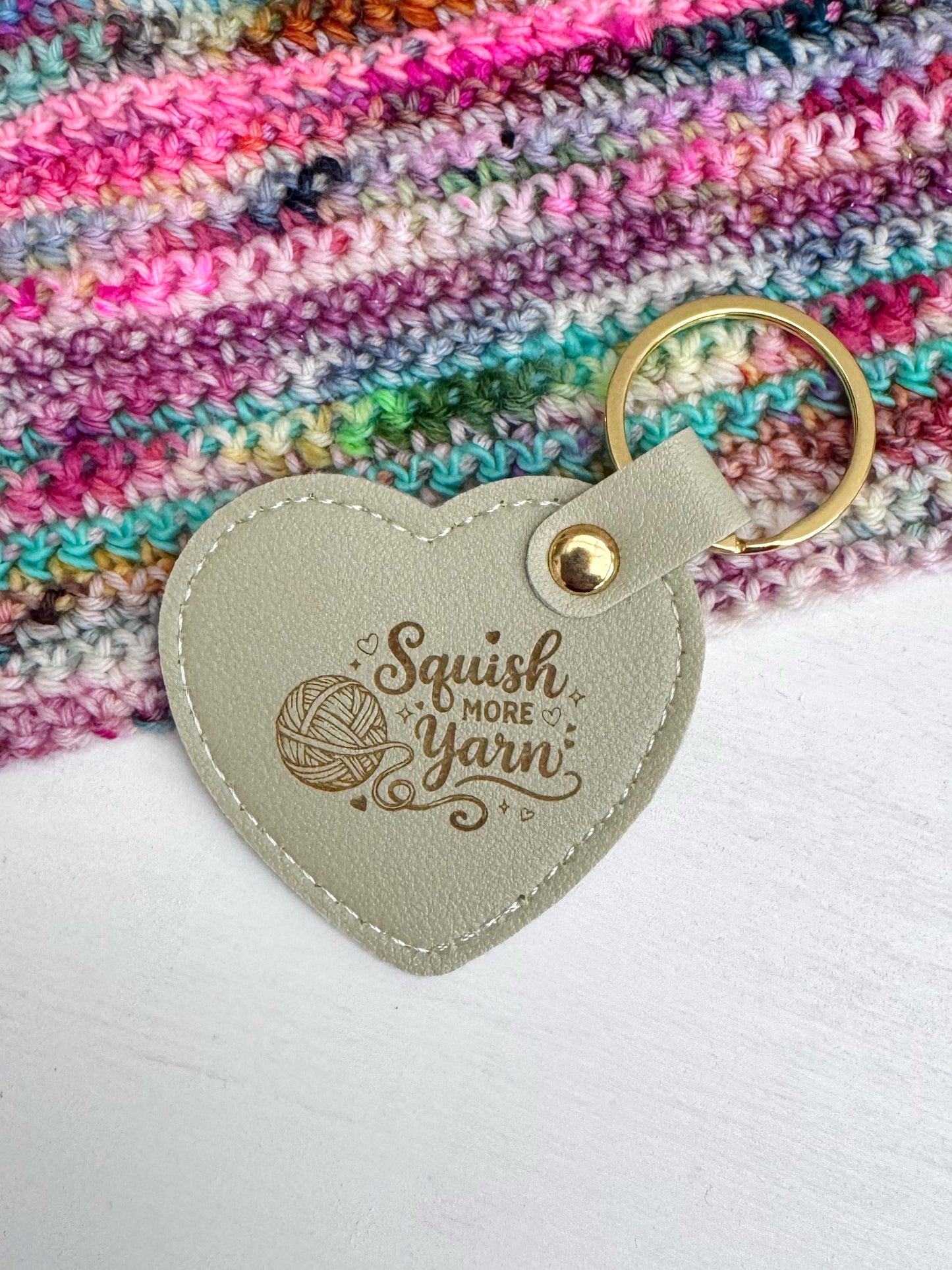 Pastel Faux Leather Heart Keyring – Yarn Lover Gift, Squish More Yarn