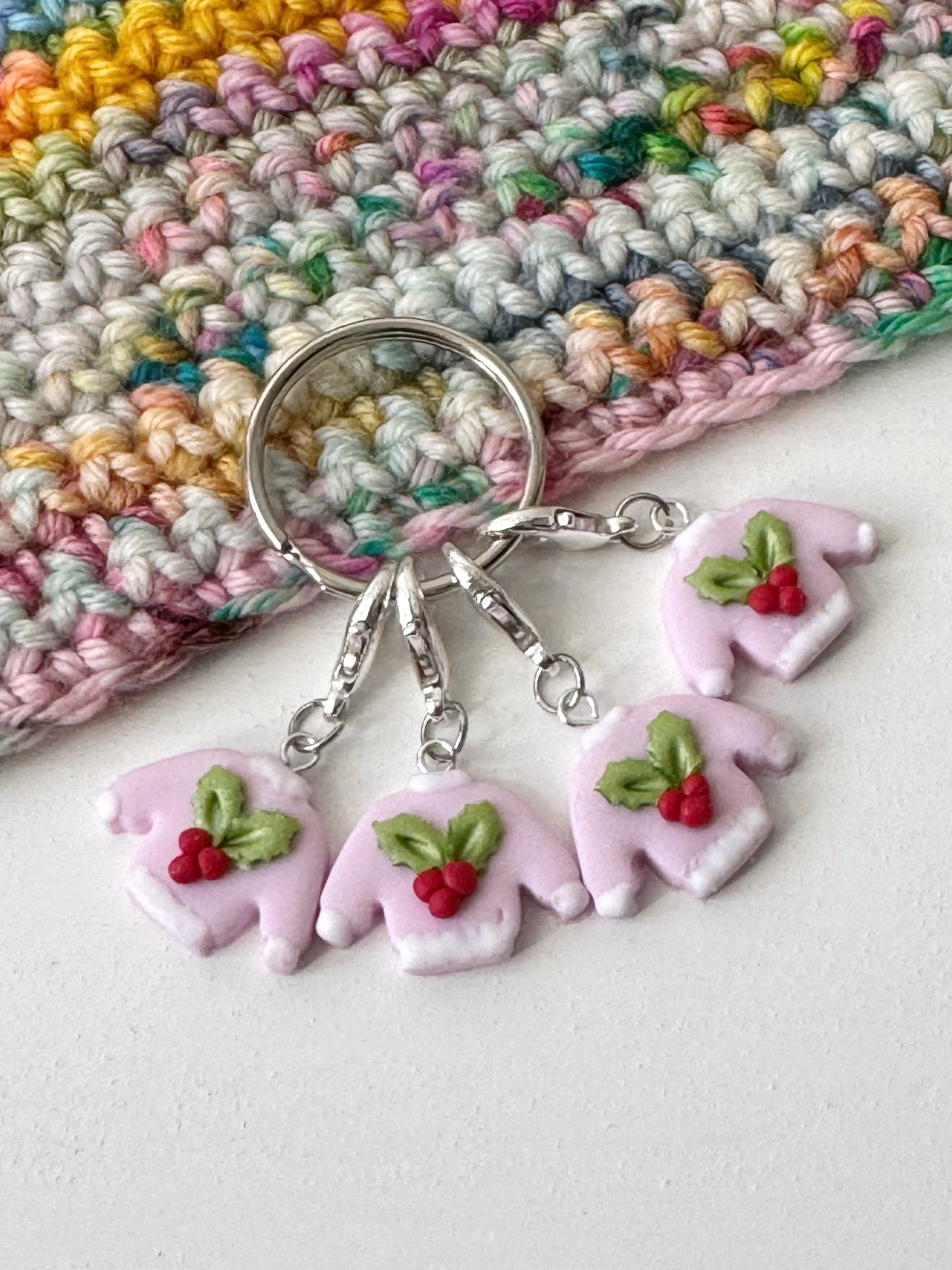 Pink Christmas Jumper Stitch Markers, Festive Progress Keepers