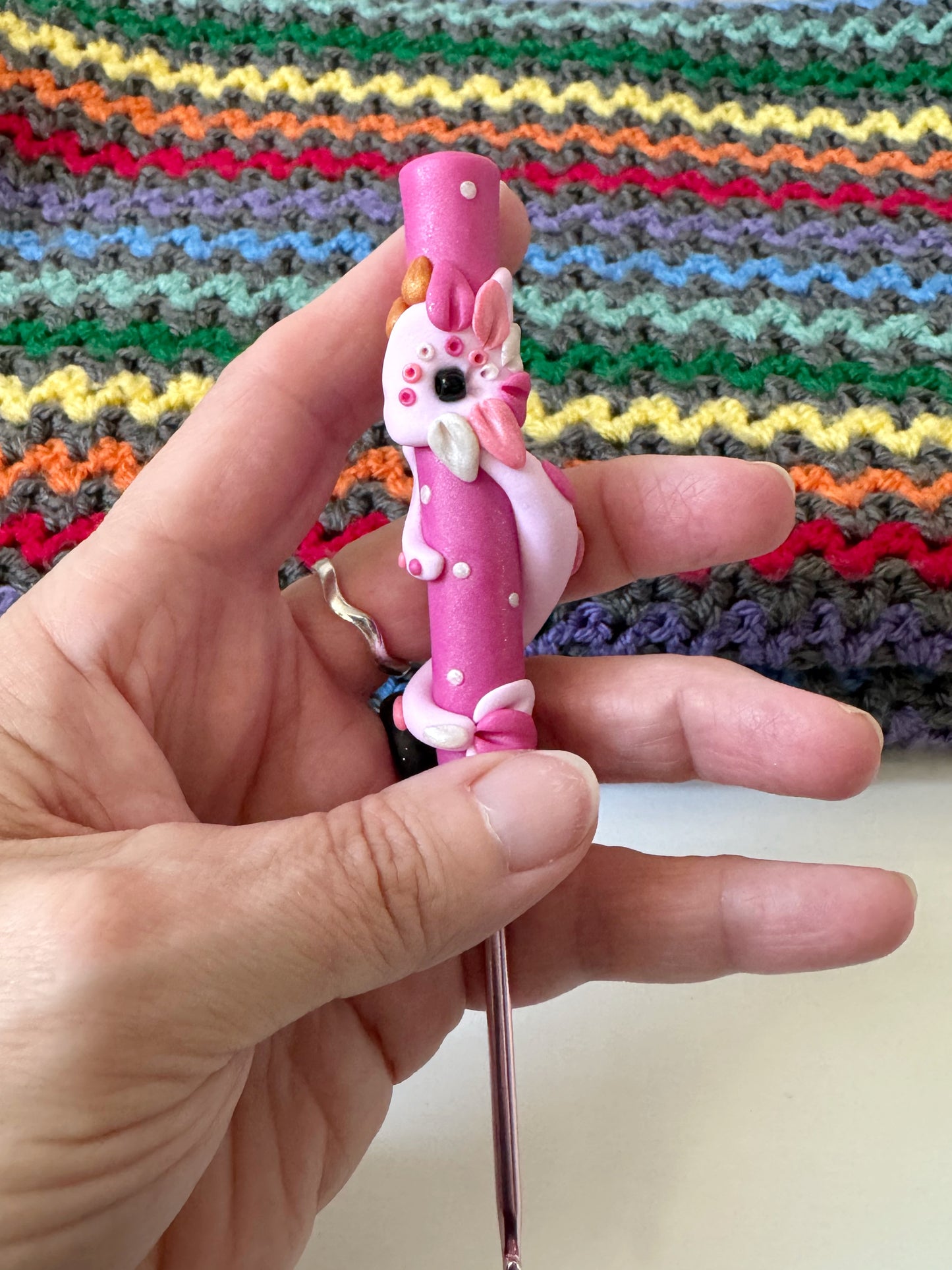 Rainbow Dragon Crochet Hook, Hand Sculpted Polymer Clay