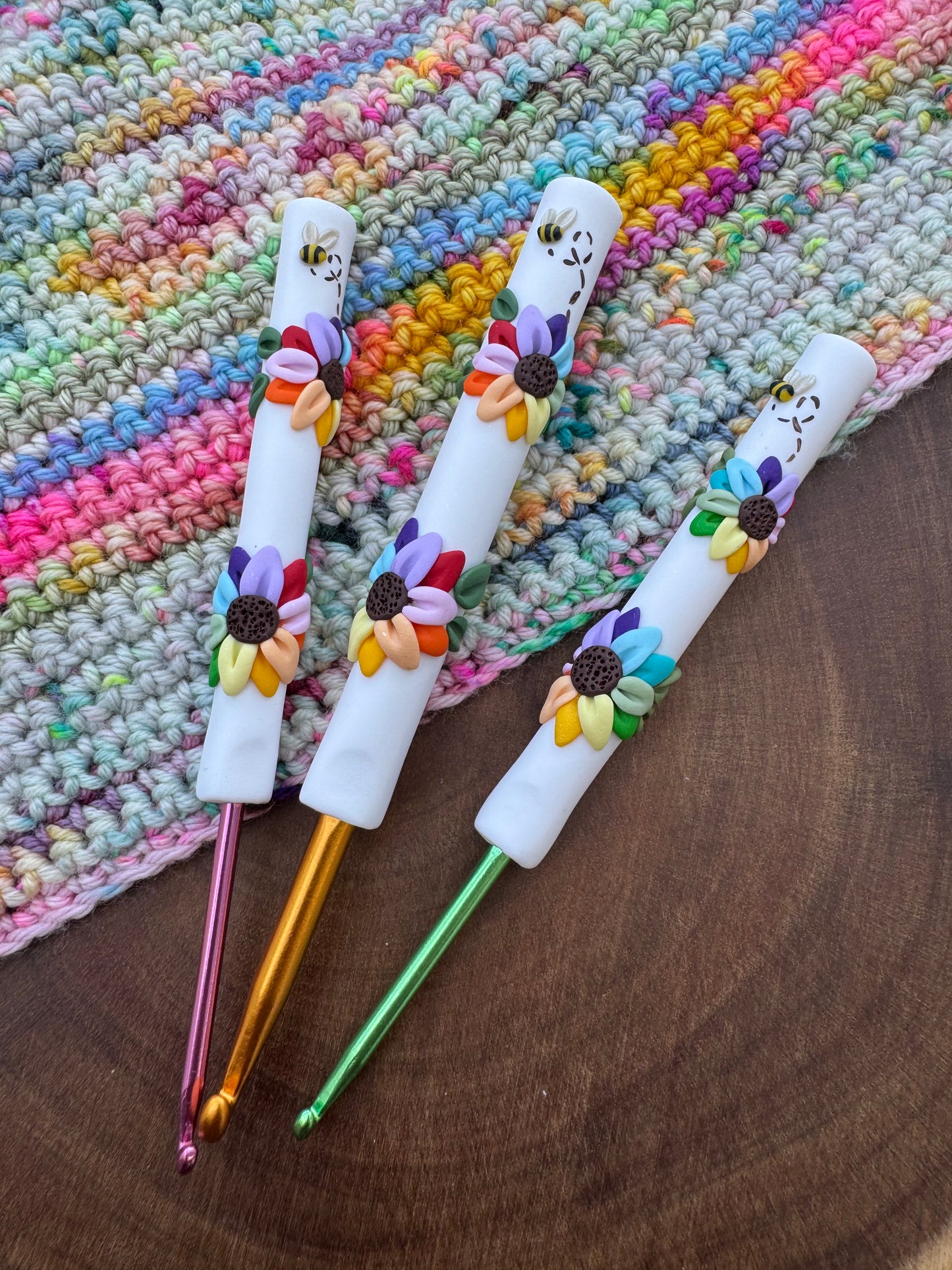 Rainbow flower polymer clay crochet hook