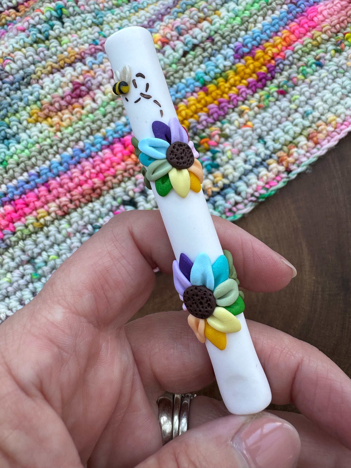 Rainbow flower polymer clay crochet hook