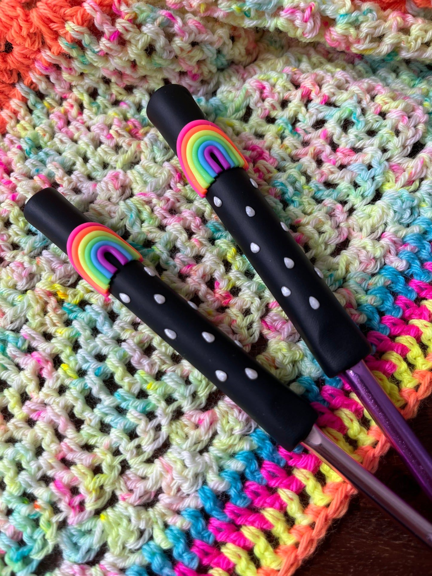 Neon rainbow crochet hook, polymer clay fancy crochet hooks, crochet supplies