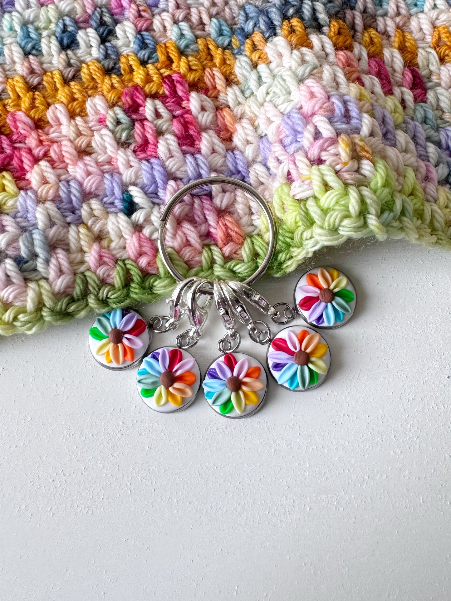 Rainbow Flower Stitch Markers, Lobster Clasp Rainbow Progress Keepers