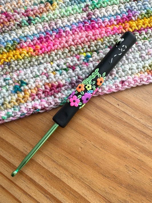 Neon Wildflower Crochet Hook, Polymer Clay Ergonomic Crochet Hook