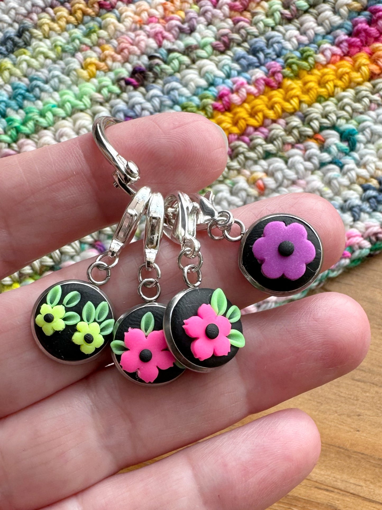 Neon Wildflower Stitch Markers, Progress Keepers for Knitting and Crochet