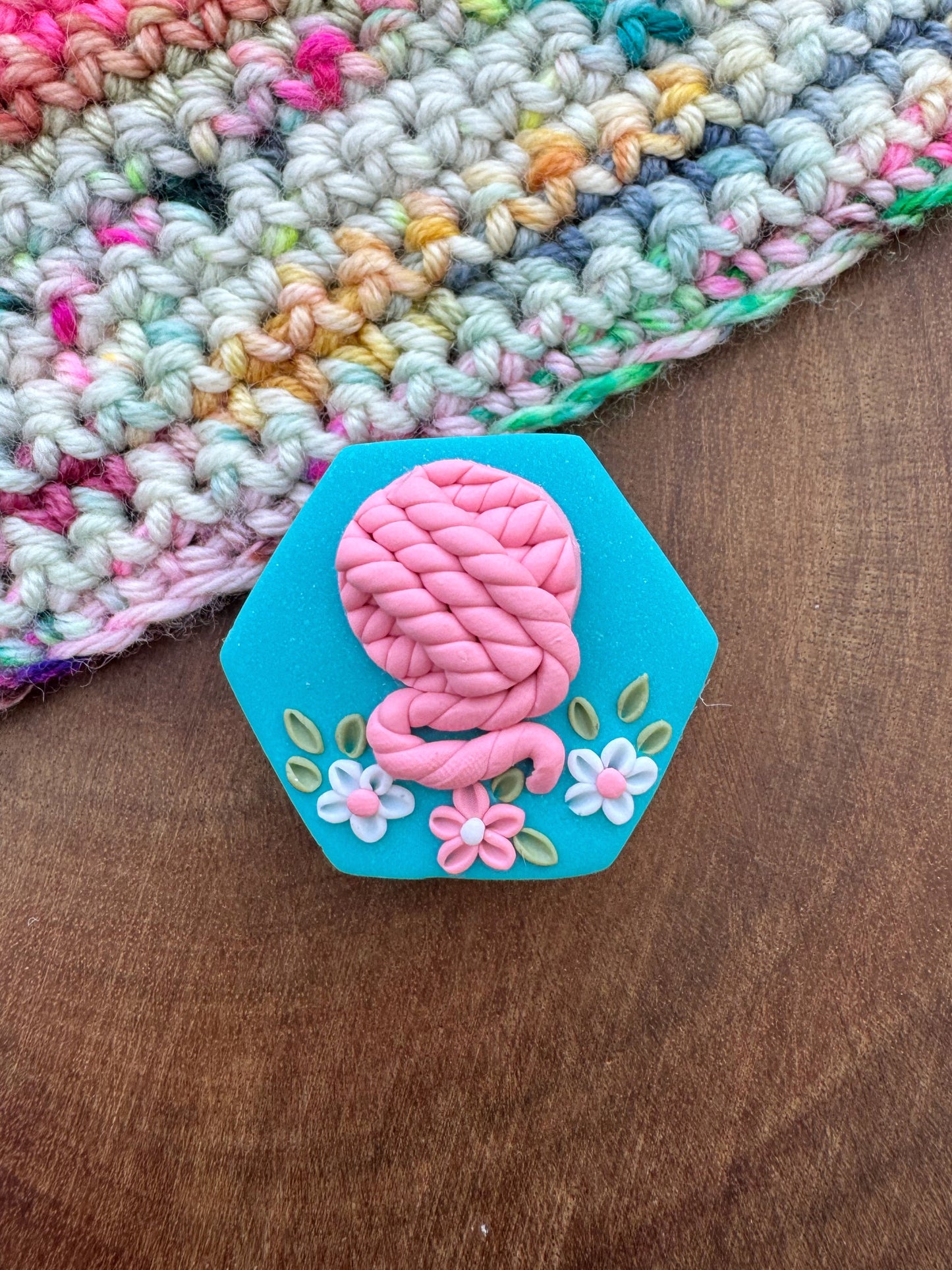 Pink and Blue Yarn Ball Needle Minder, Magnetic Needle Keeper, Hexagon Cover Minder