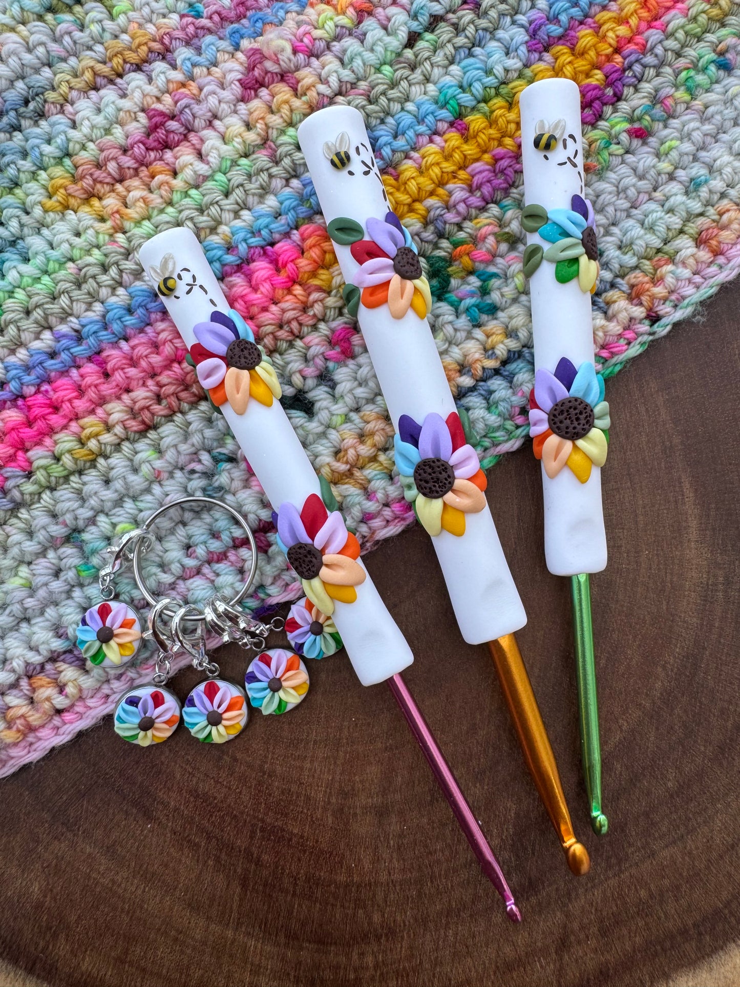 Rainbow flower polymer clay crochet hook