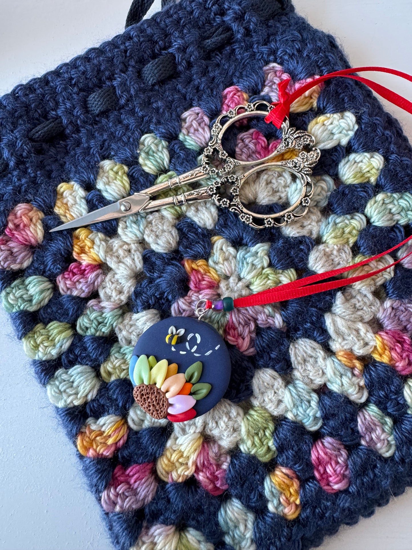Navy rainbow flower scissor fob, scissor keeper, crochet tools, gift for her, cross stitch accessories