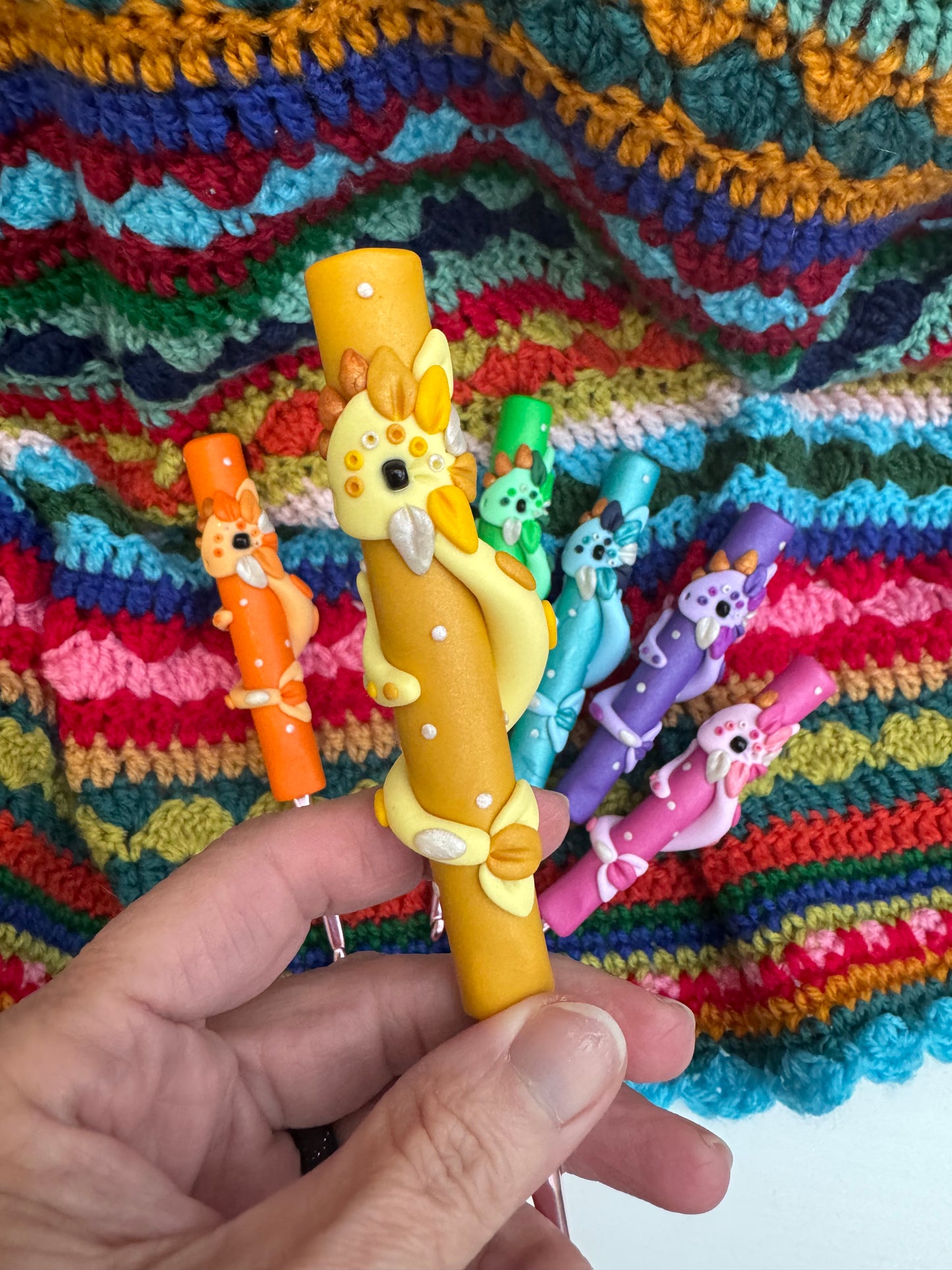 Rainbow Dragon Crochet Hook, Hand Sculpted Polymer Clay